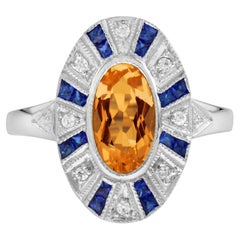 Citrine Blue Sapphire Diamond Halo Ring in 14K White Gold
