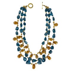 Citrine Blue Topaz 18 Karat Yellow Gold Three Strand Layered Necklace Toggle