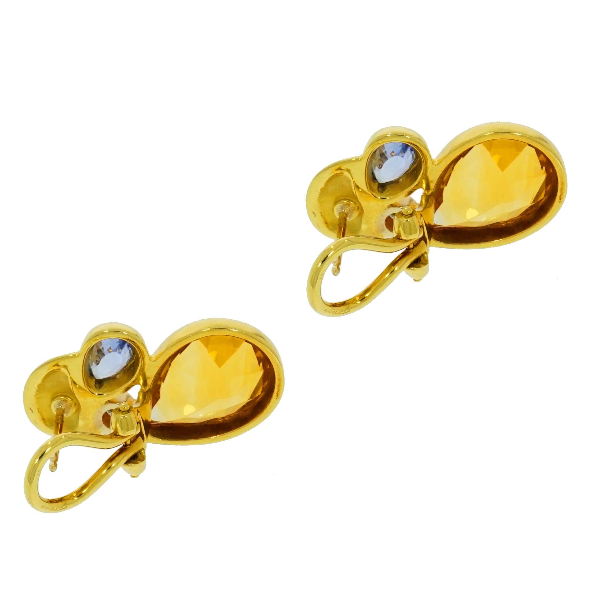 Pear Cut Citrine, Blue Topaz and Diamond Yellow Gold Earrings
