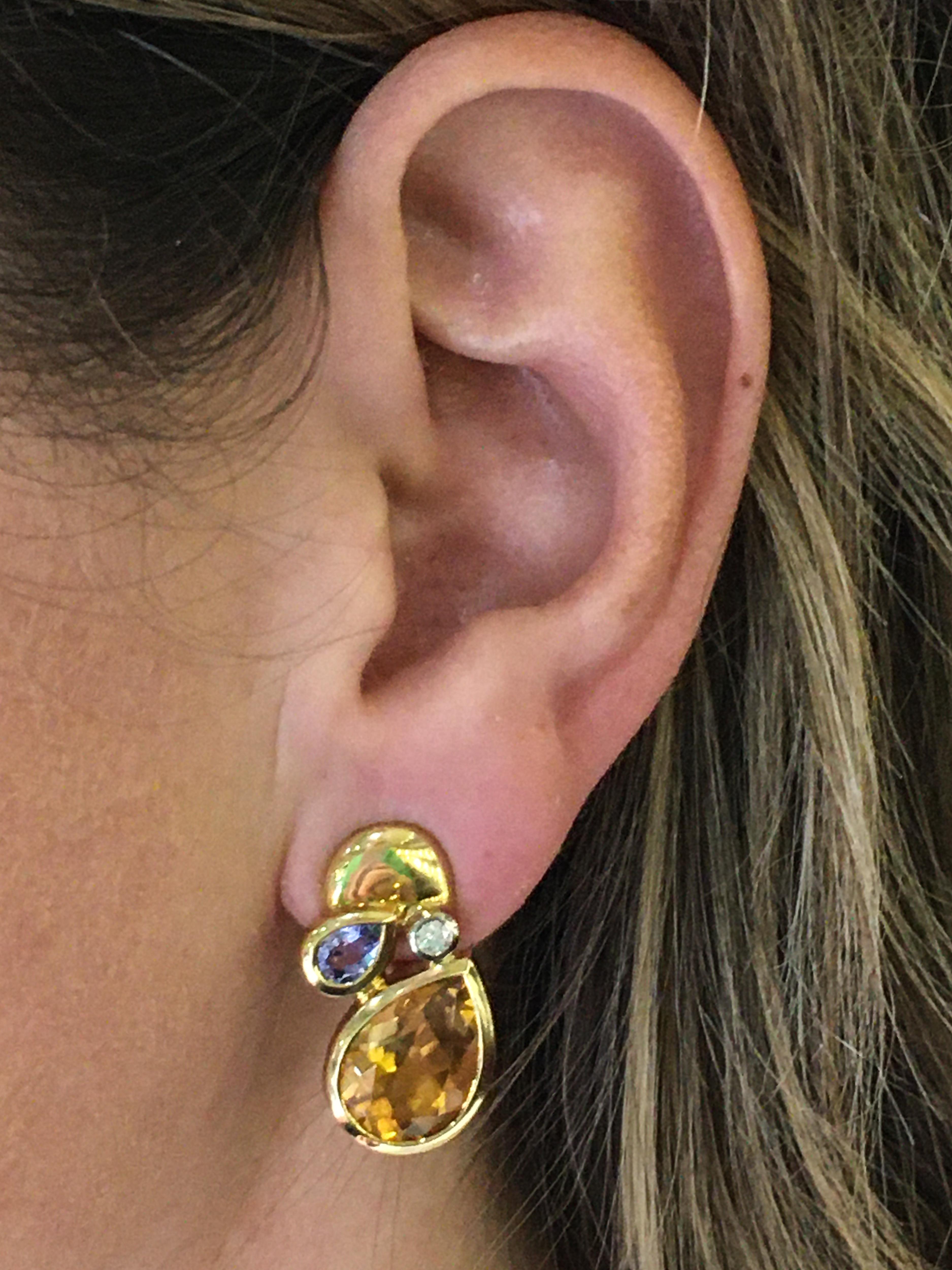 Citrine, Blue Topaz and Diamond Yellow Gold Earrings In Excellent Condition In Greenwich, CT