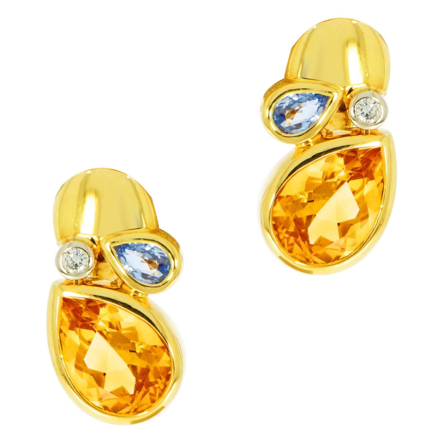 Citrine, Blue Topaz and Diamond Yellow Gold Earrings