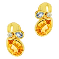 Citrine, Blue Topaz and Diamond Yellow Gold Earrings