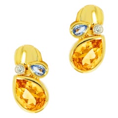 Citrine, Blue Topaz and Diamond Yellow Gold Earrings