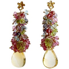 Citrine, Blue Topaz, Pink Topaz, Amethyst, Peridot and Iolite Cluster Earrings