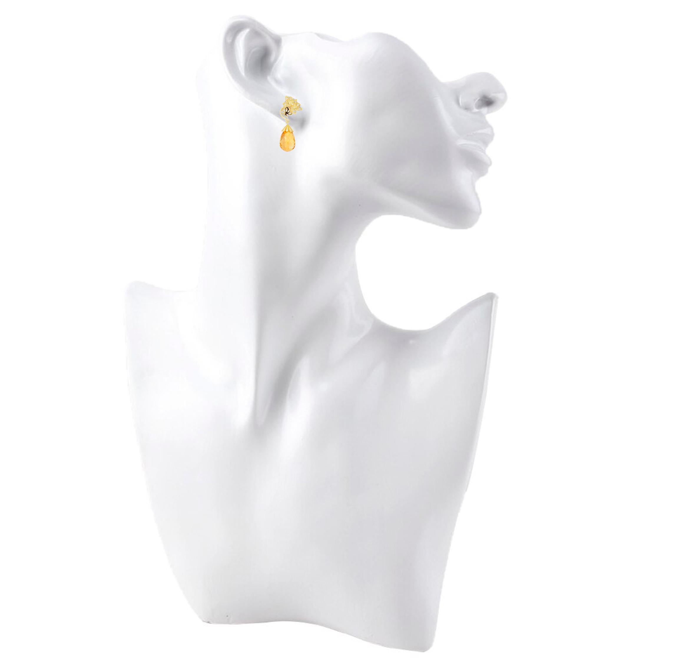 Citrine briolette 14k gold earrings studs.  For Sale 3