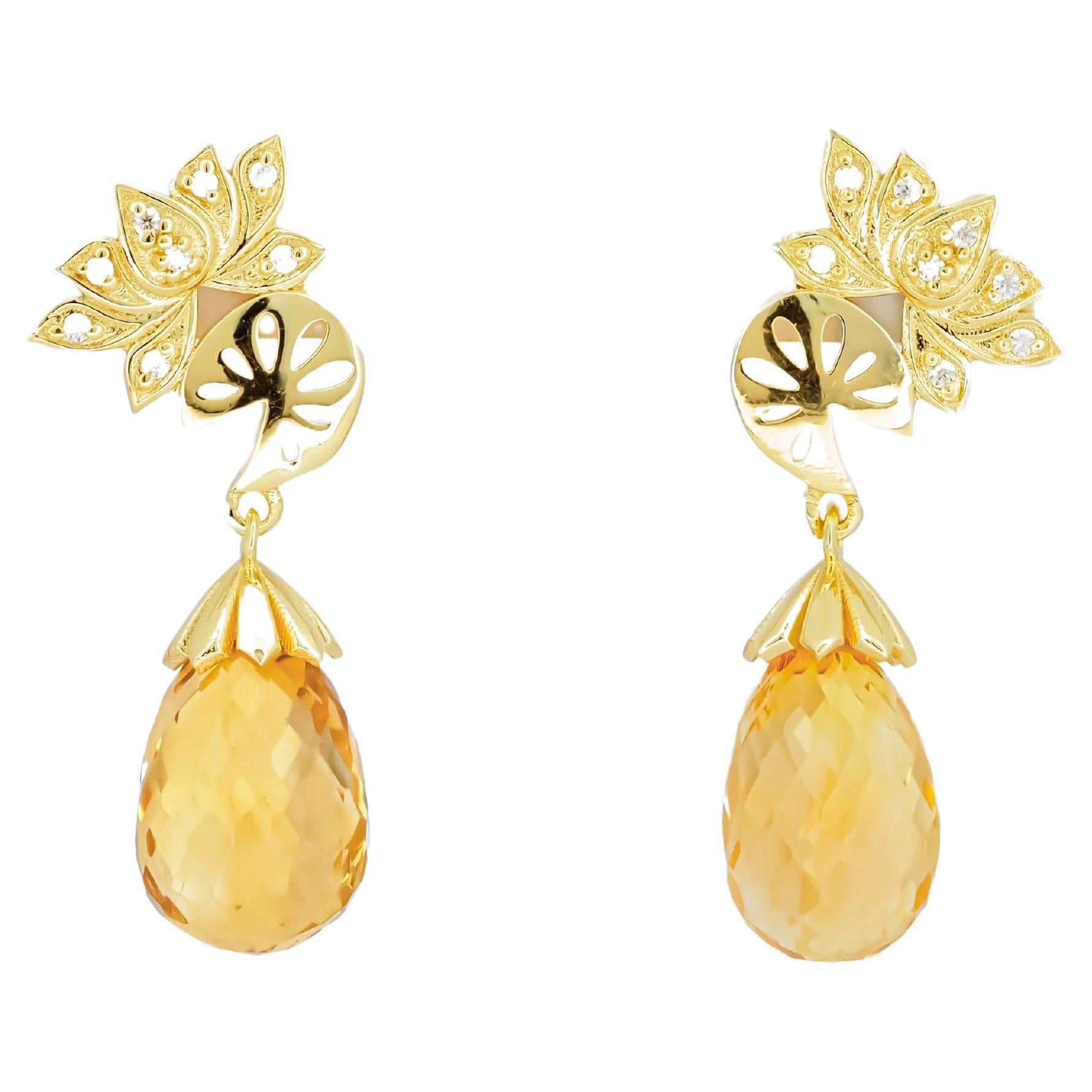 Citrine briolette 14k gold earrings studs. 