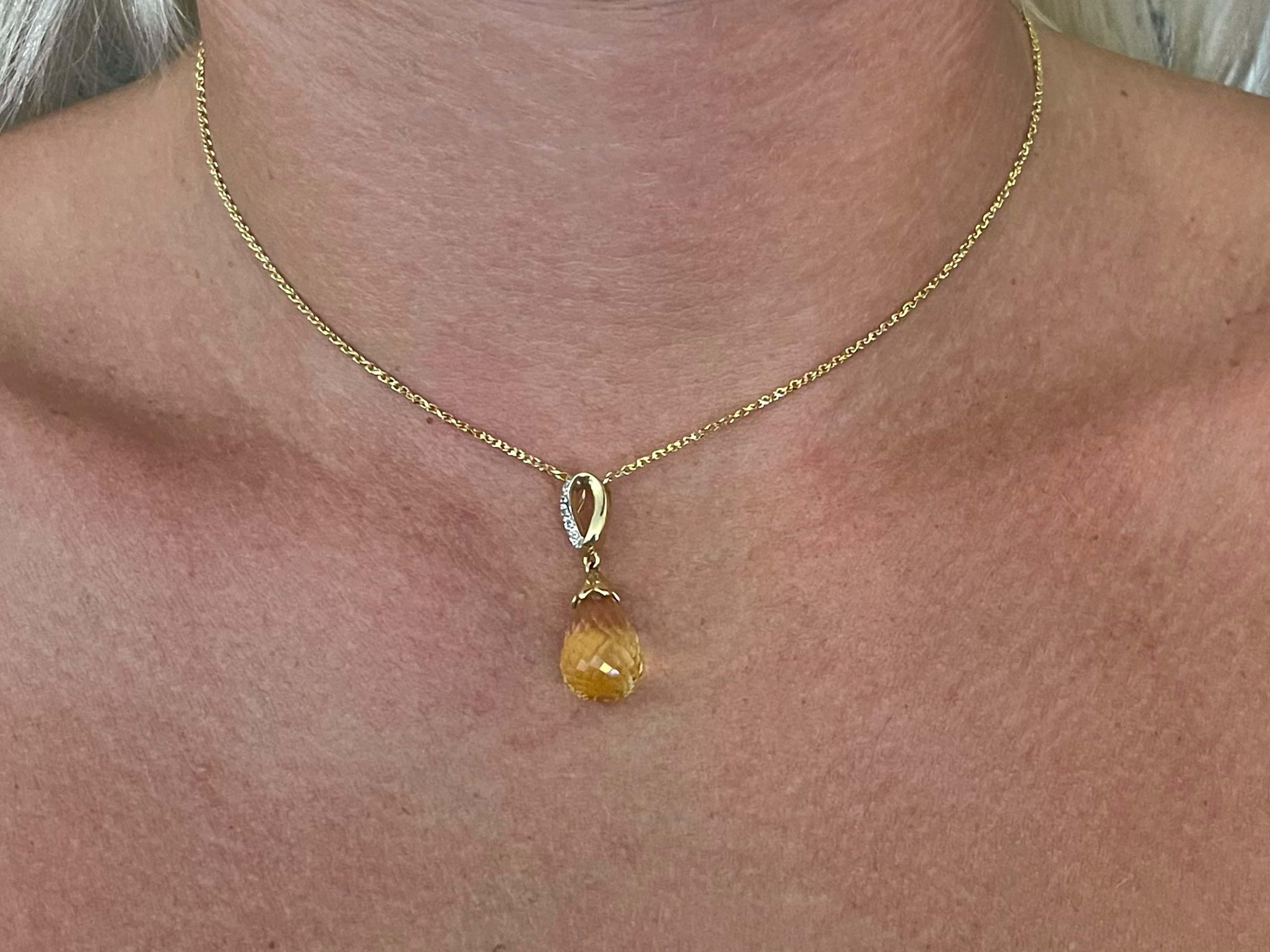 Create a touch of magic wearing this lovely citrine drop briolette necklace with diamonds. The 6 diamonds weigh 0.03 carats and are H color and SI2-I1 clarity. The pendant drops 1