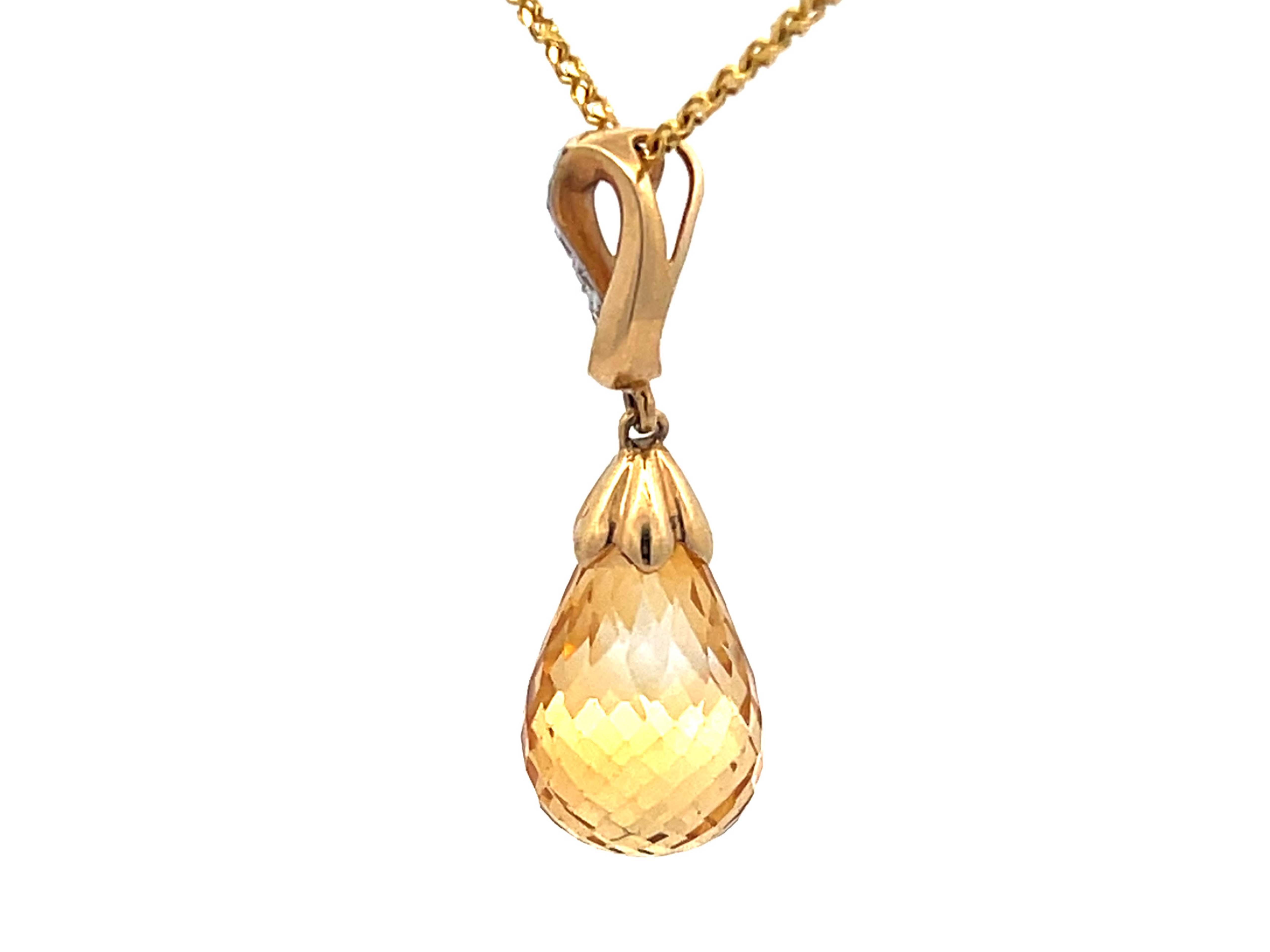 Modern Citrine Briolette Drop Diamond Necklace in 14k Yellow Gold For Sale