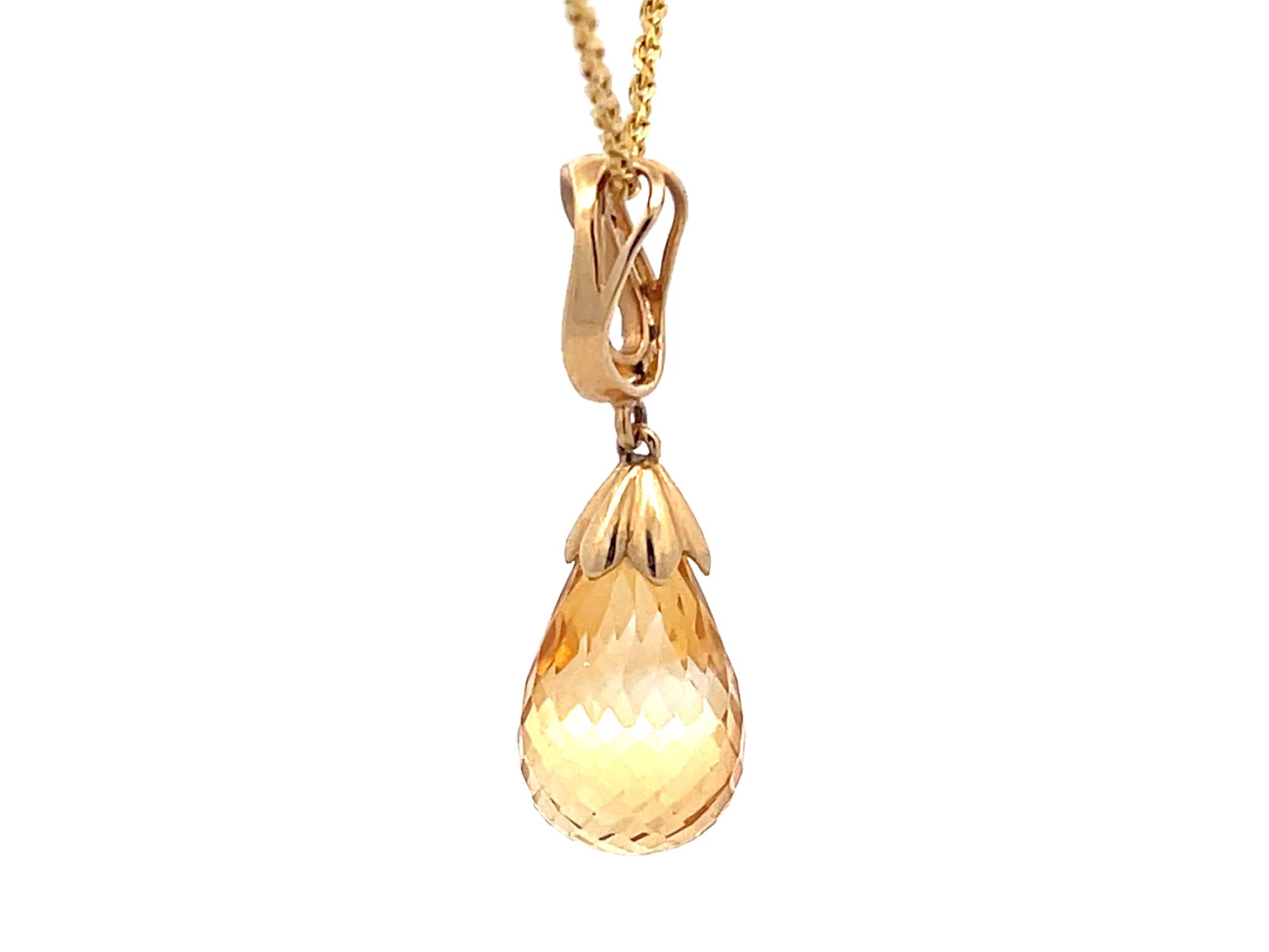 Brilliant Cut Citrine Briolette Drop Diamond Necklace in 14k Yellow Gold For Sale