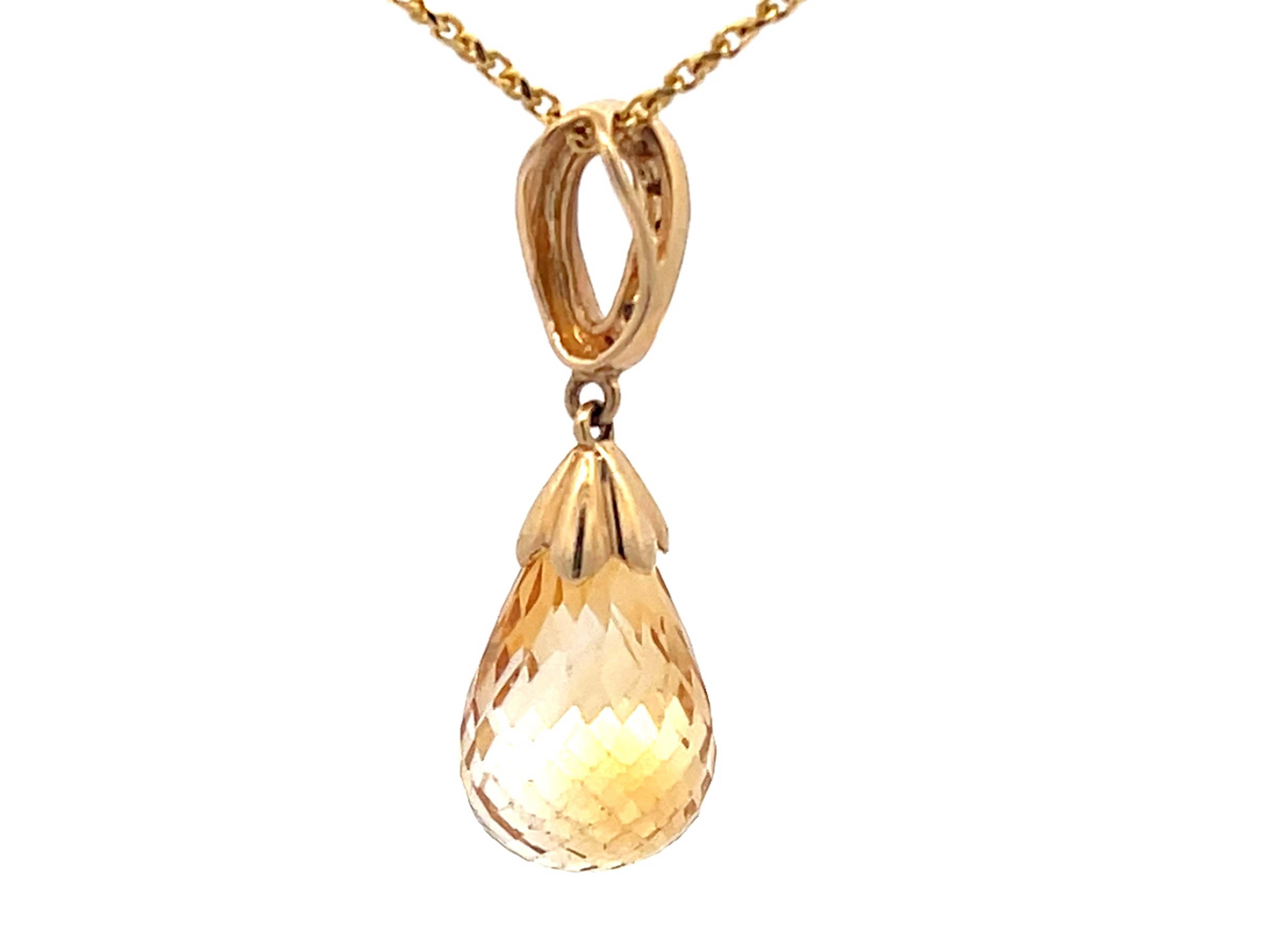 Women's Citrine Briolette Drop Diamond Necklace in 14k Yellow Gold For Sale