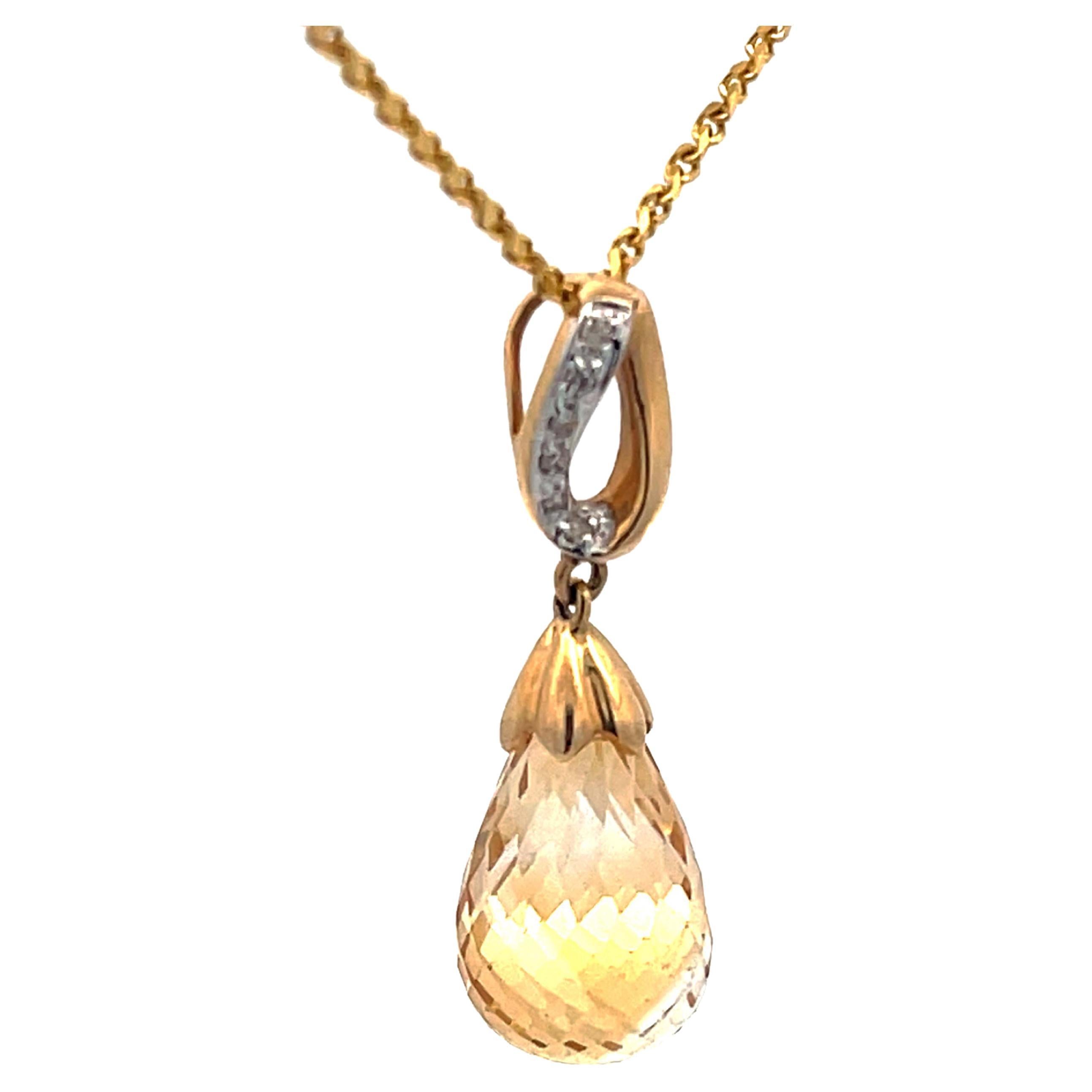 Citrine Briolette Drop Diamond Necklace in 14k Yellow Gold For Sale