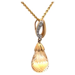Citrin Briolette Tropfen-Diamant-Halskette aus 14 Karat Gelbgold