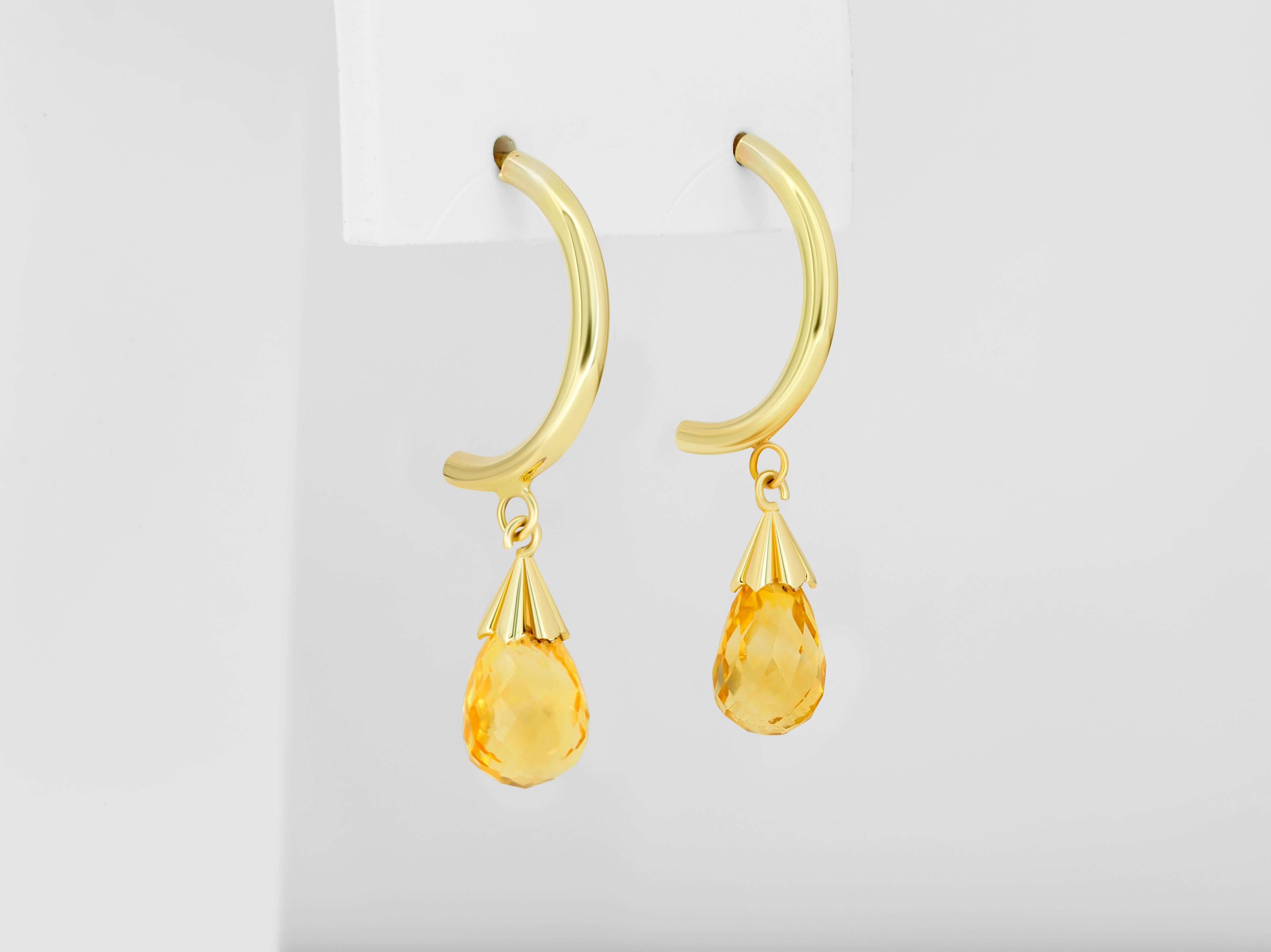 Briolette Cut Citrine Briolette Drop Hoop Post Earrings in Yellow 14k Gold For Sale