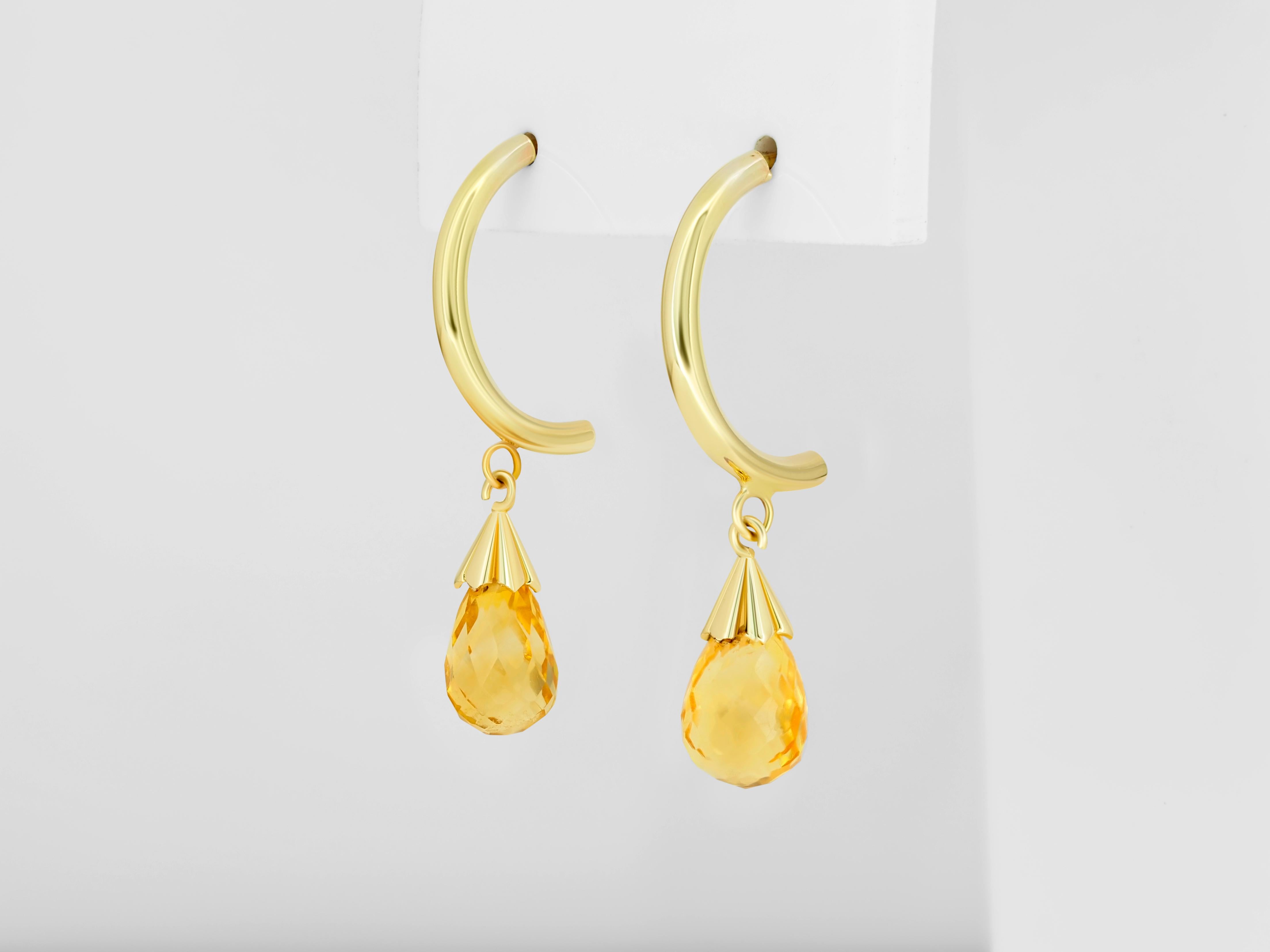 Citrine Briolette Drop Hoop Post Earrings in Yellow 14k Gold.  In New Condition For Sale In Istanbul, TR