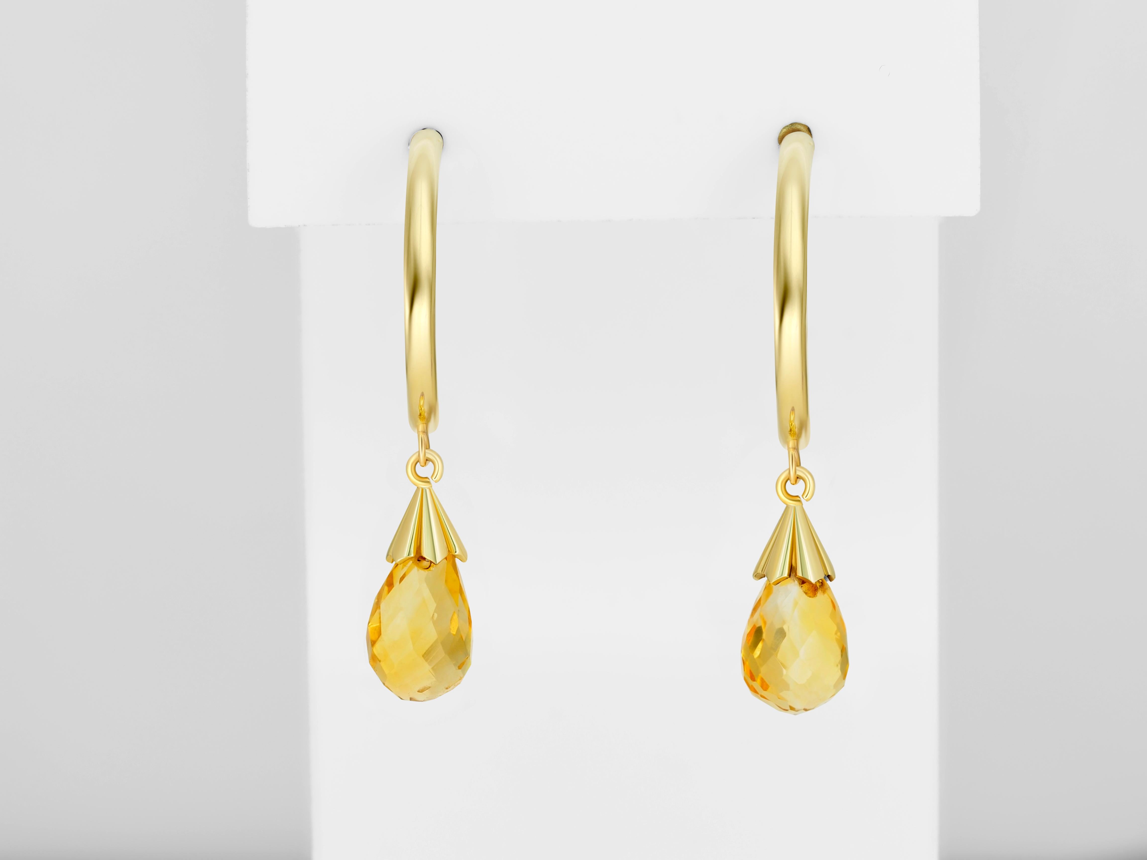 Women's Citrine Briolette Drop Hoop Post Earrings in Yellow 14k Gold For Sale