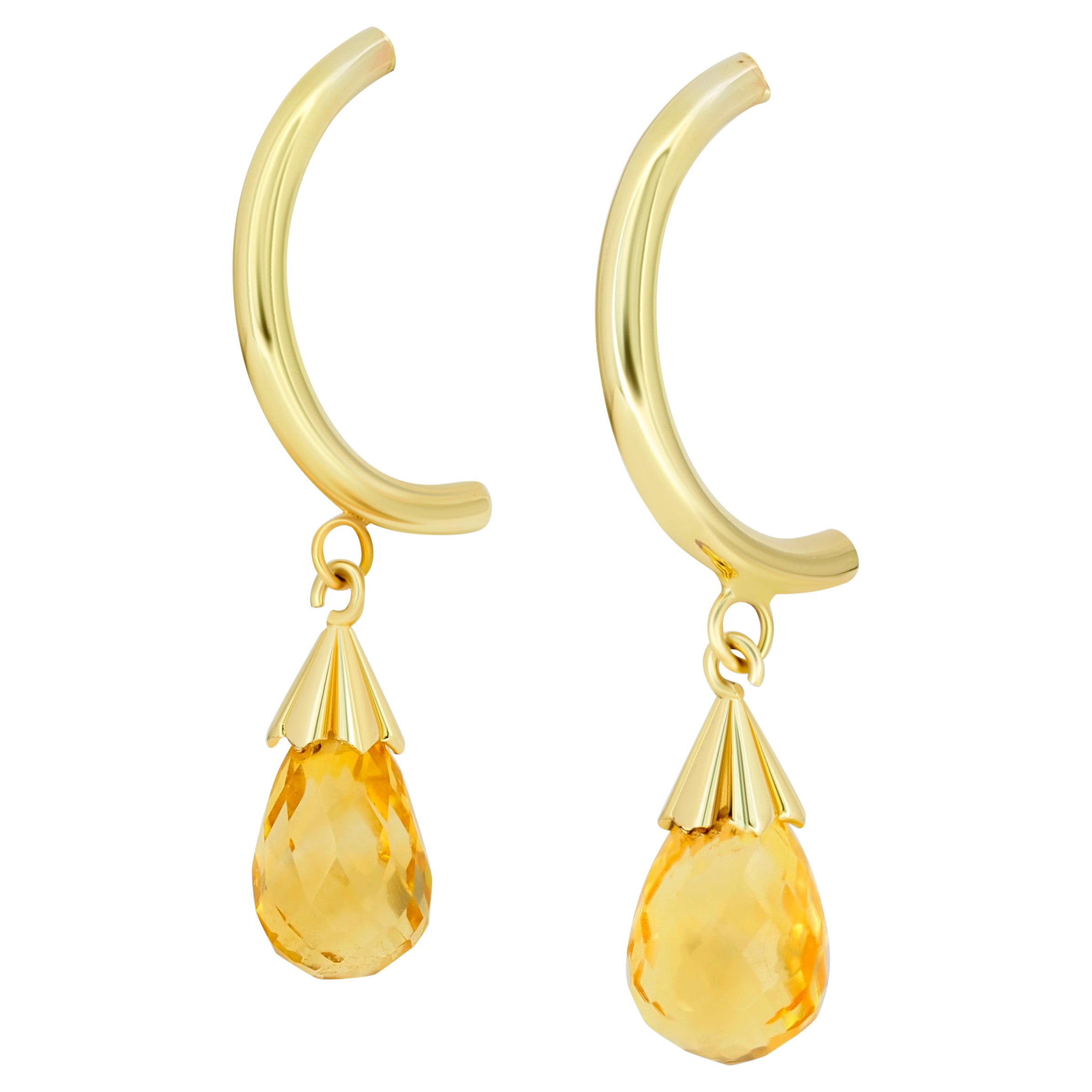 Citrine Briolette Drop Hoop Post Earrings in Yellow 14k Gold For Sale