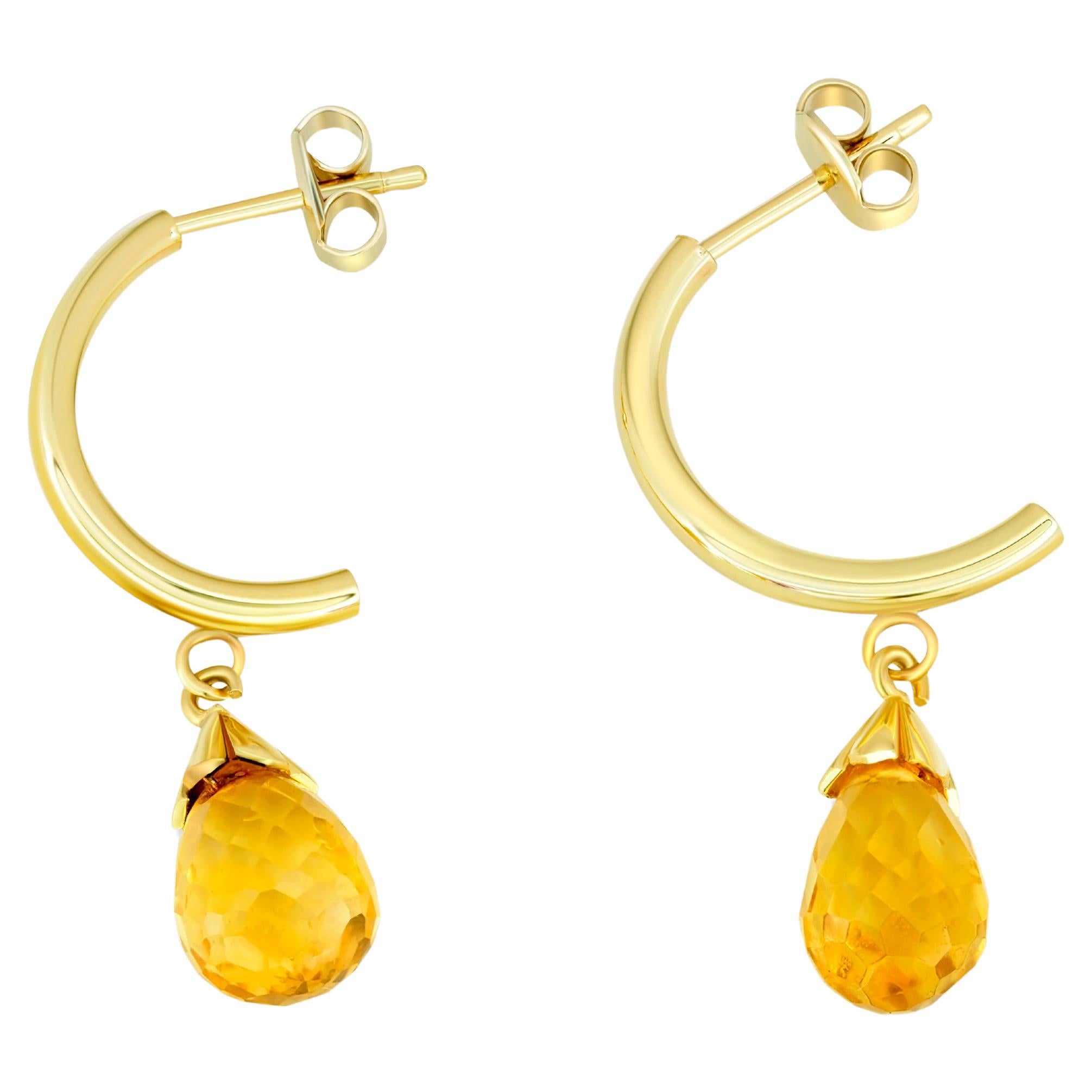 Citrine Briolette Drop Hoop Post Earrings in Yellow 14k Gold. 