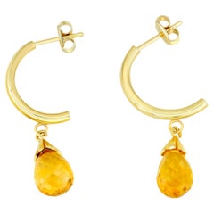 Citrine Briolette Drop Hoop Post Earrings in Yellow 14k Gold. 