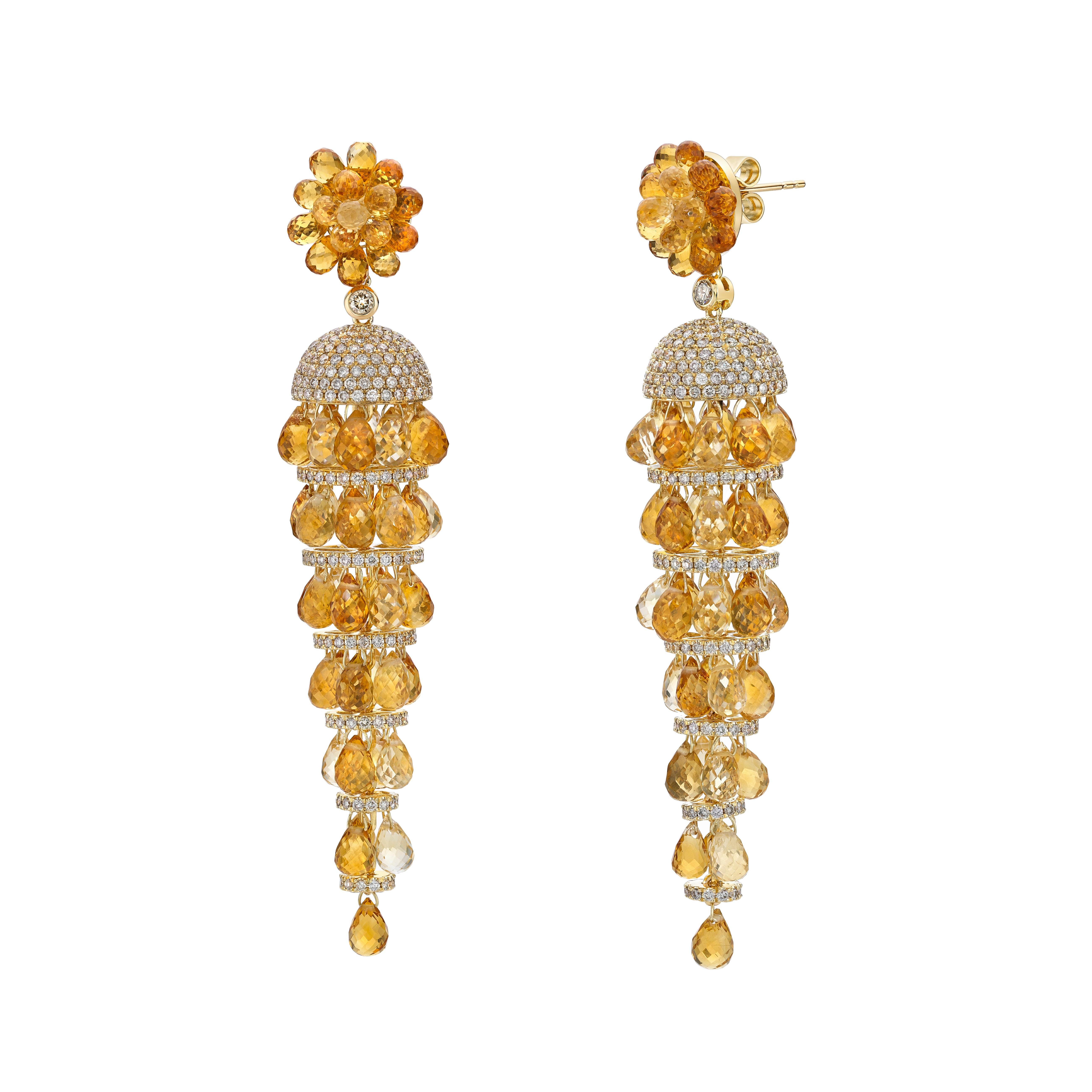Modern Citrine Briolette Earrings with Diamond in 18 Karat Yellow Gold For Sale