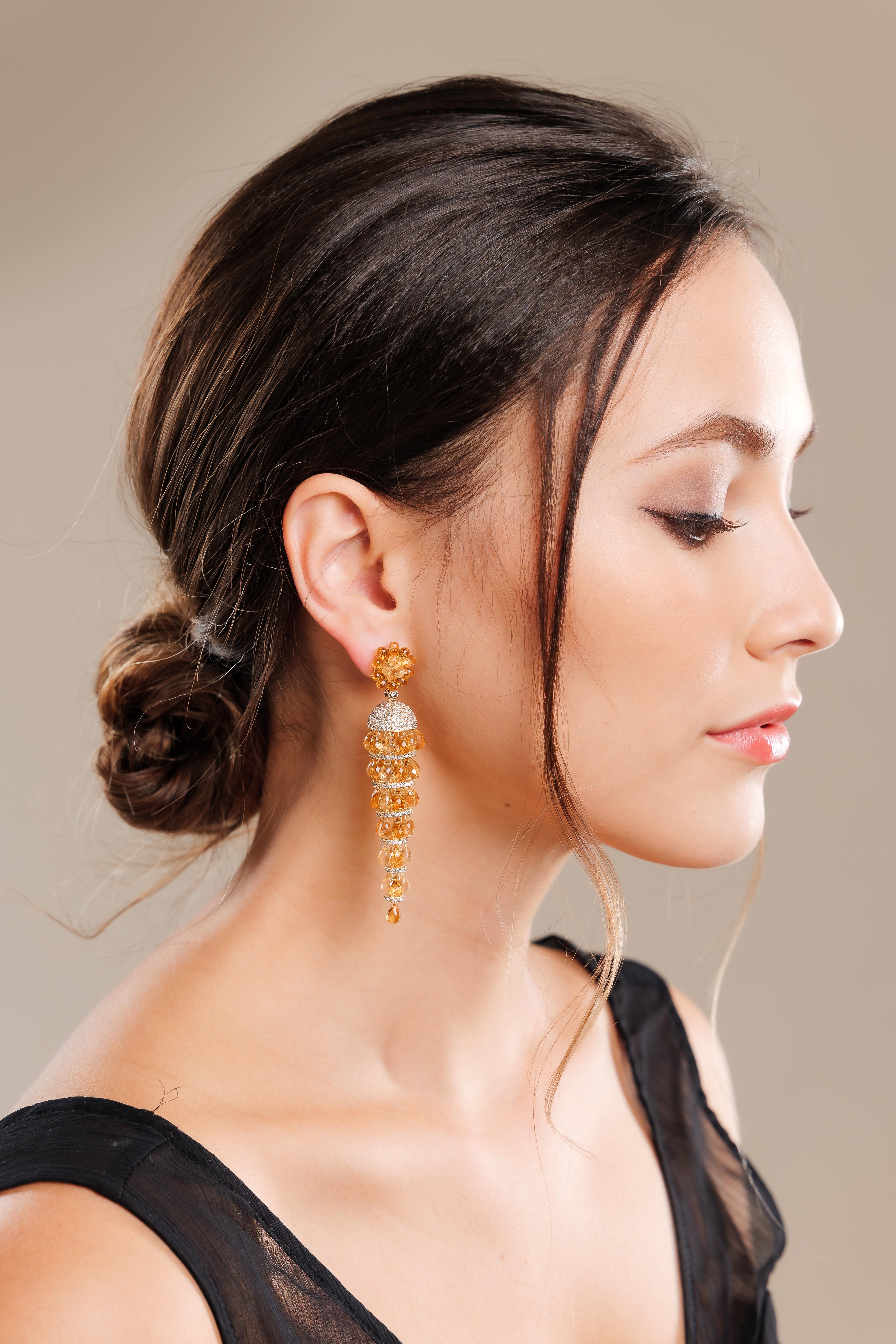 Briolette Cut Citrine Briolette Earrings with Diamond in 18 Karat Yellow Gold For Sale