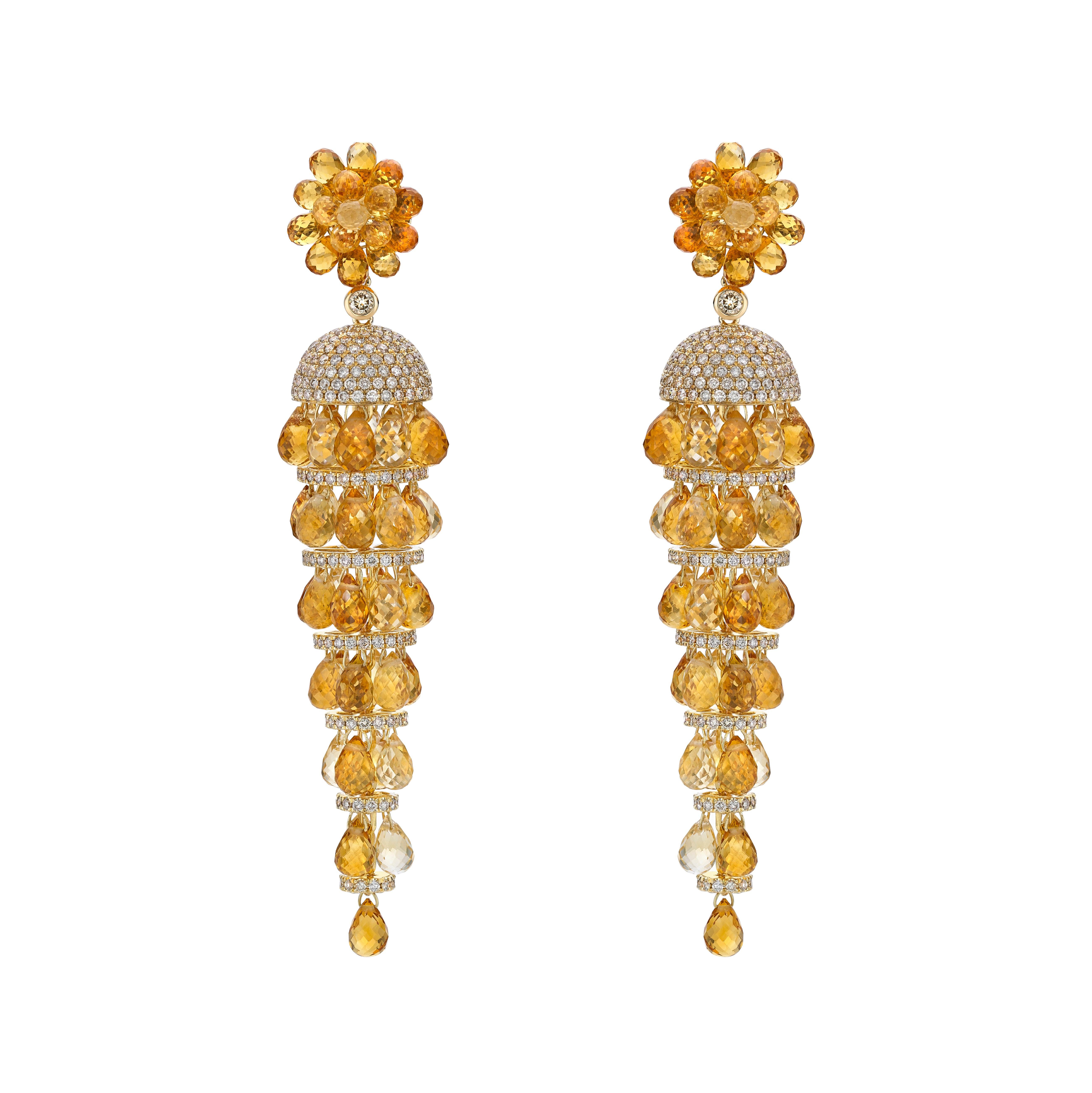 Women's Citrine Briolette Earrings with Diamond in 18 Karat Yellow Gold For Sale