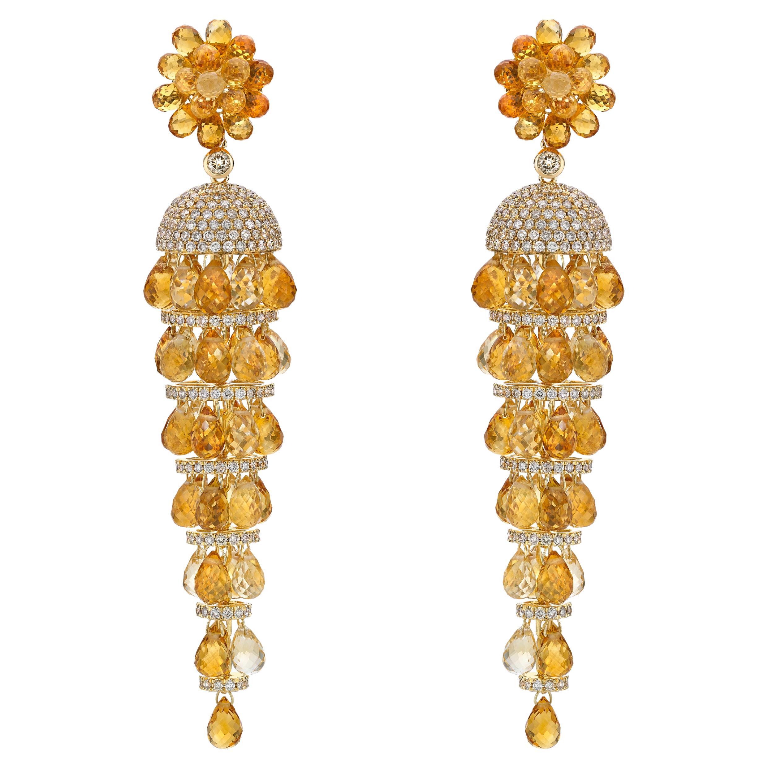 Citrine Briolette Earrings with Diamond in 18 Karat Yellow Gold For Sale