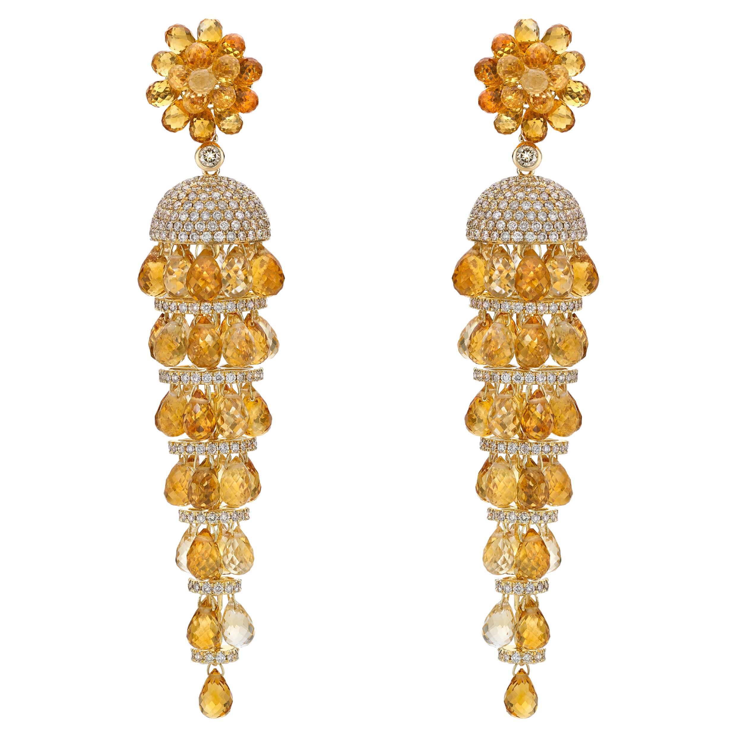 Sunita Nahata Citrine 60.55ct. Drop Earrings in 18K Yellow Gold with Diamond.