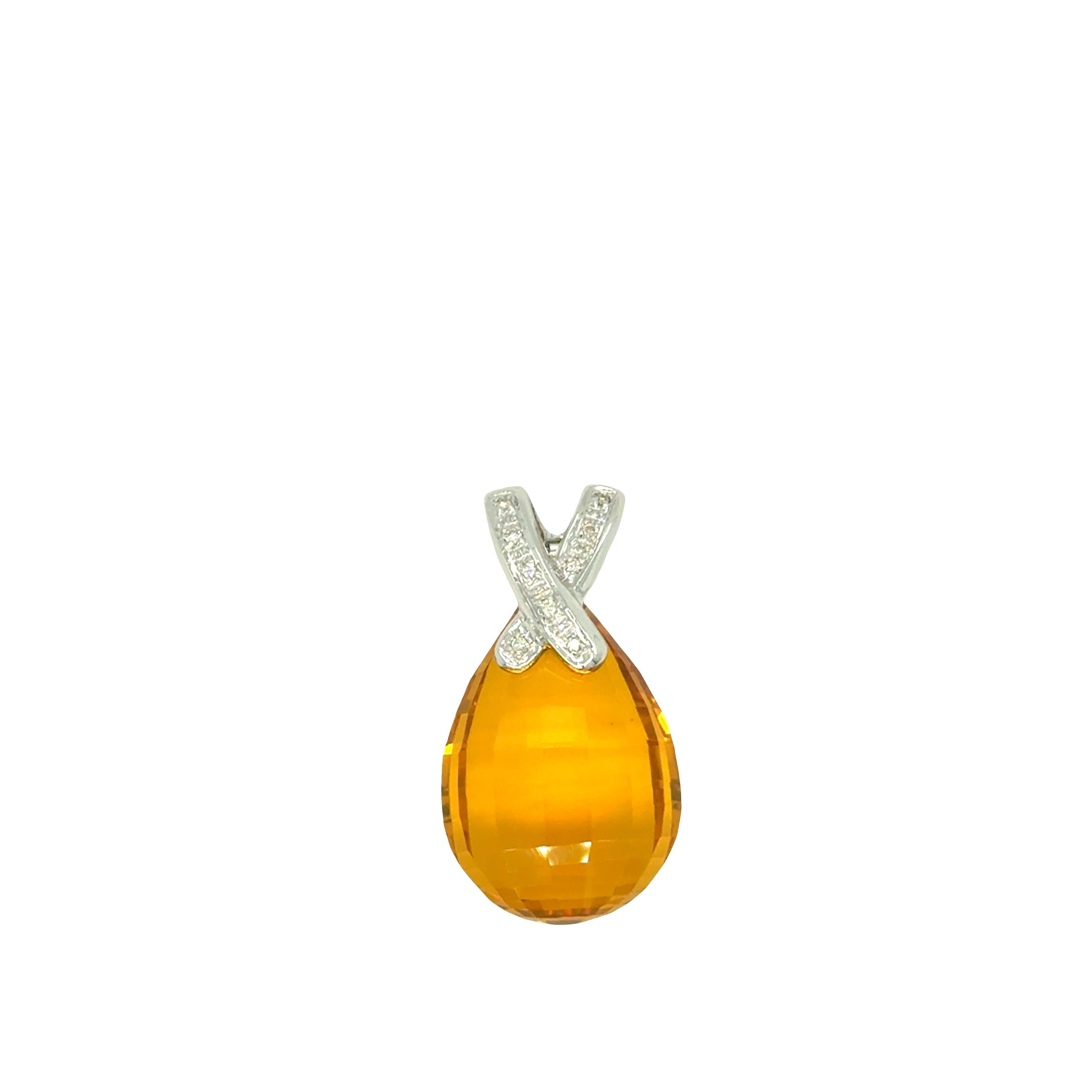 Taglio briolette Citrine Briolette Pendant with Diamond Bale – 14k White Gold (Made in Italy) in vendita