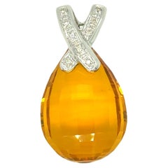 Citrine Briolette Pendant with Diamond Bale – 14k White Gold (Made in Italy)