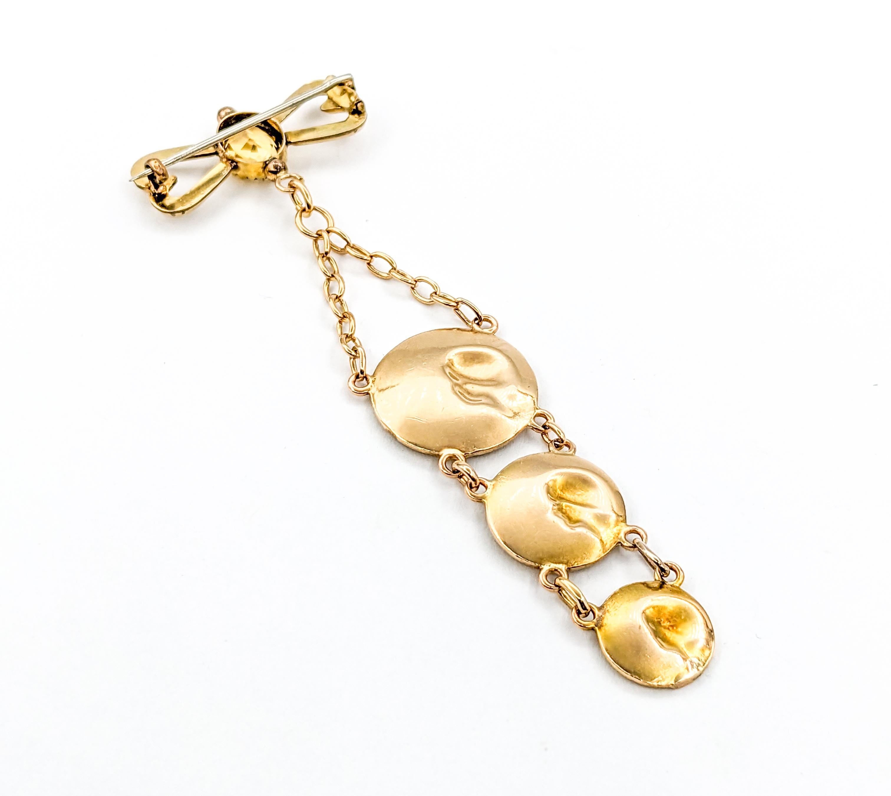 Citrine Brooch Art Nouveau Lady and birds In Yellow Gold For Sale 1