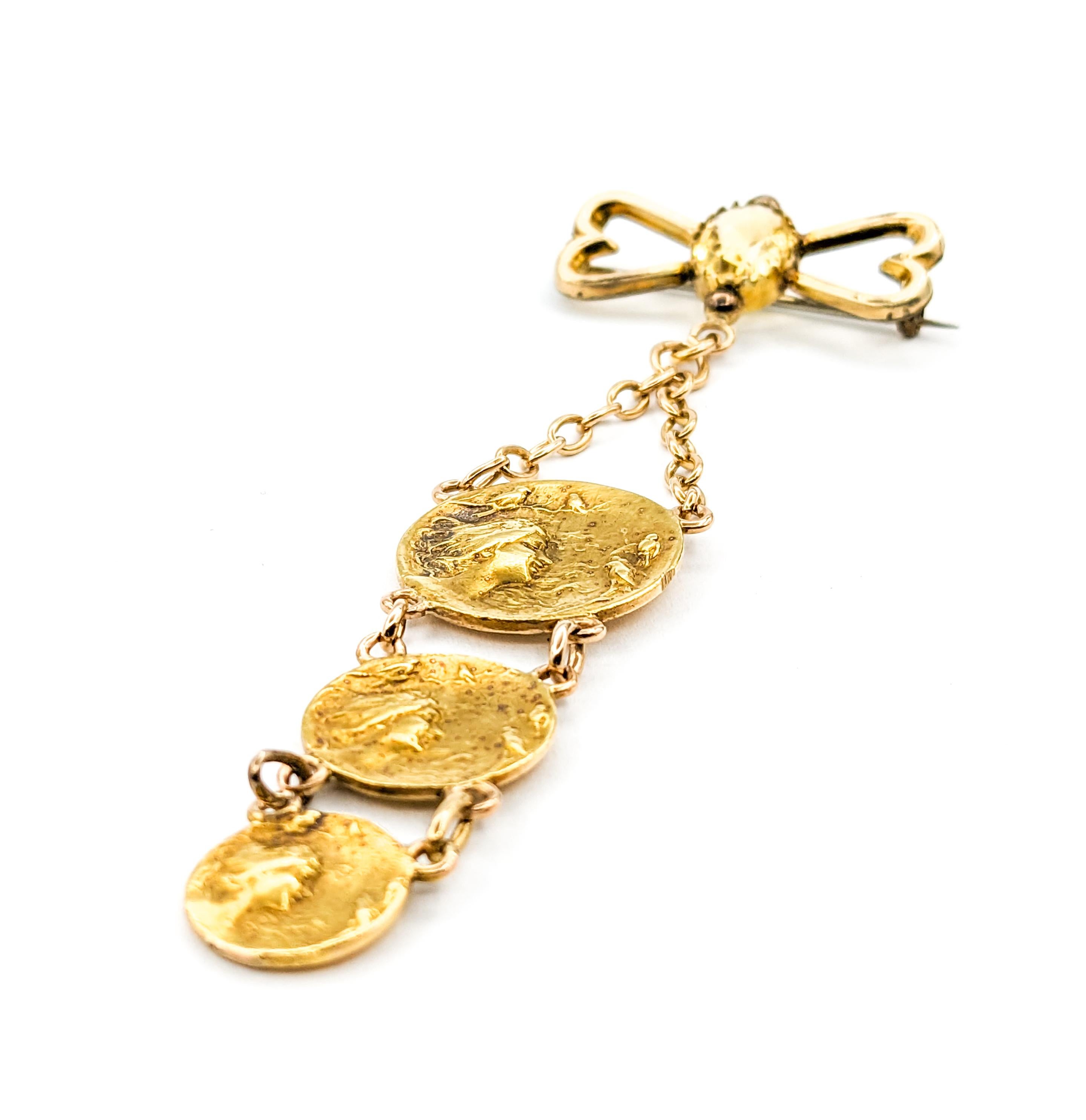 Citrine Brooch Art Nouveau Lady and birds In Yellow Gold For Sale 3