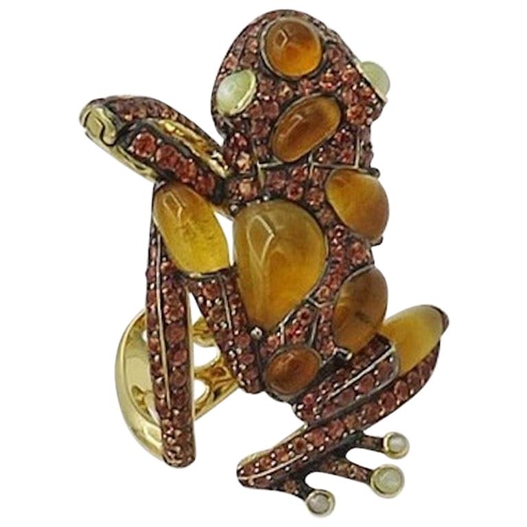 Bague fantaisie grenouille fantaisie en or jaune 18 carats avec diamants bruns et citrine