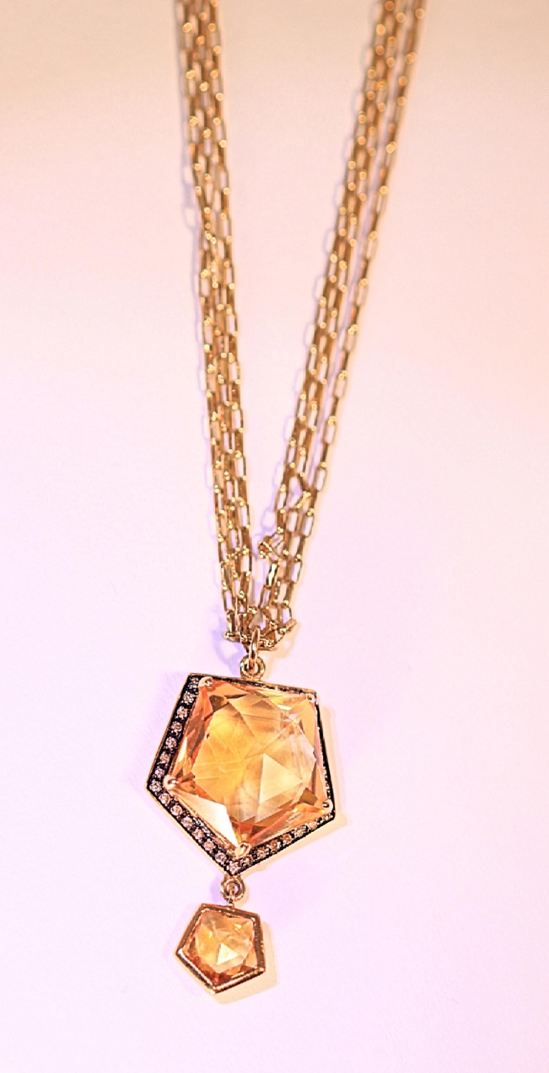 Contemporary Citrine Brown Diamond 18 Karat Yellow Gold Triple Chain Pendant Necklace For Sale