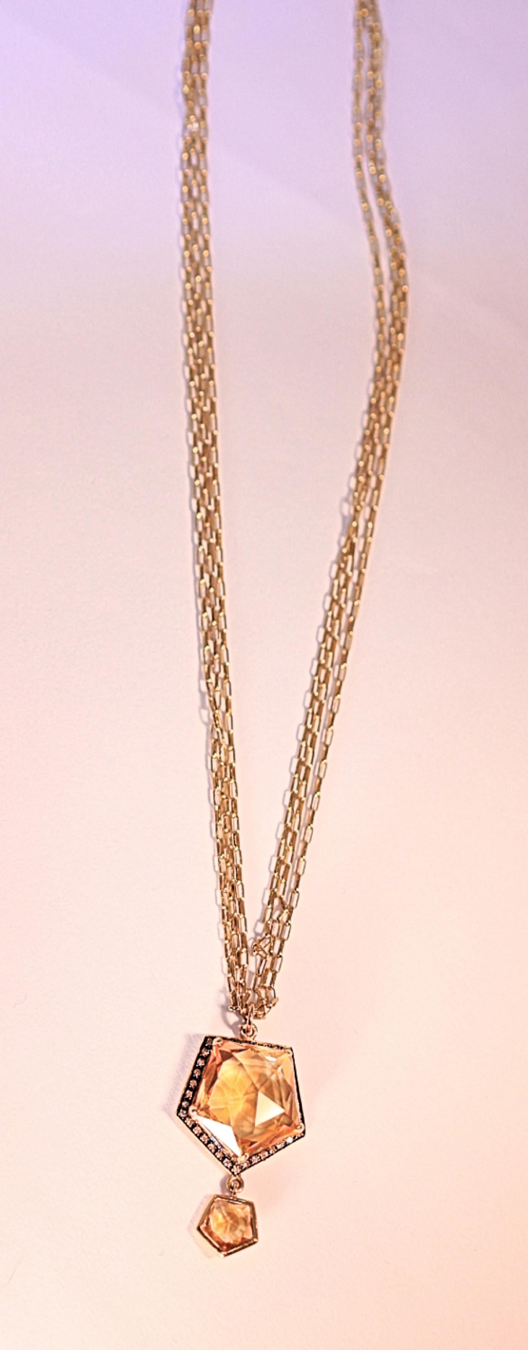 Citrine Brown Diamond 18 Karat Yellow Gold Triple Chain Pendant Necklace In New Condition For Sale In Melbourne, FL
