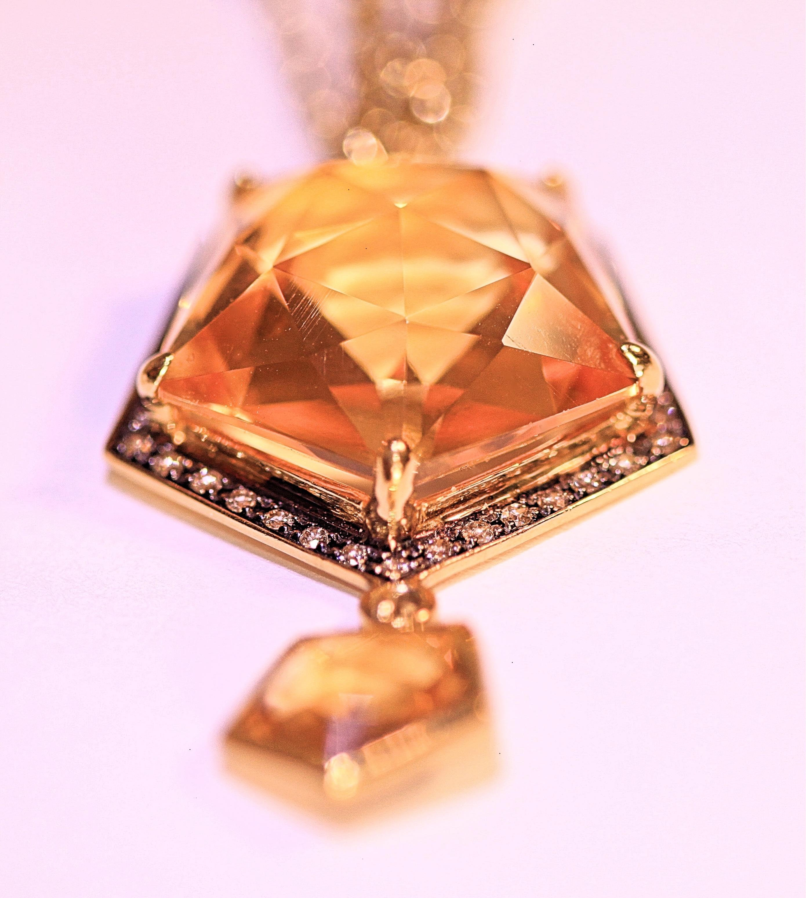 Citrine Brown Diamond 18 Karat Yellow Gold Triple Chain Pendant Necklace For Sale 2