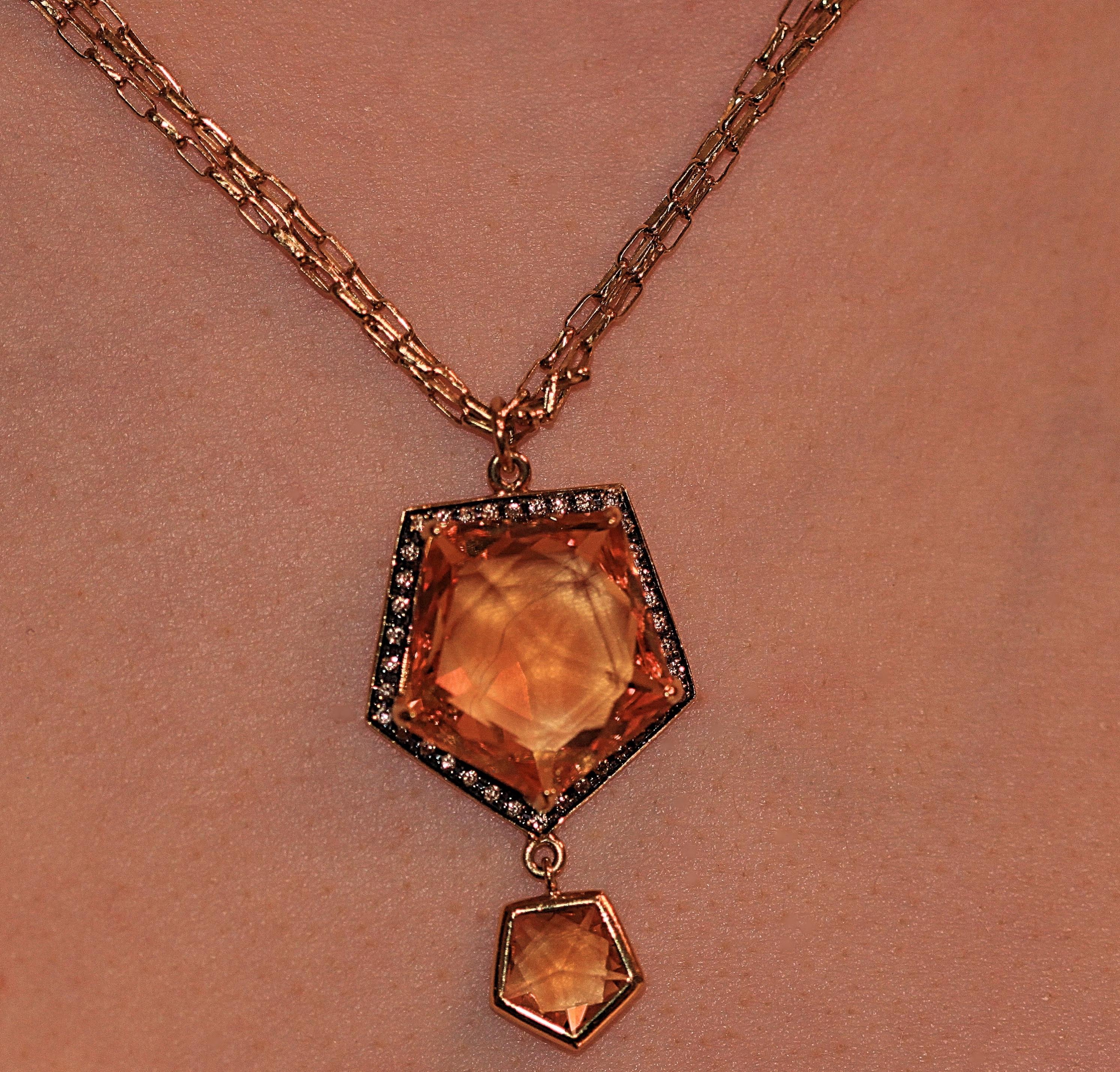 Citrine Brown Diamond 18 Karat Yellow Gold Triple Chain Pendant Necklace For Sale 3
