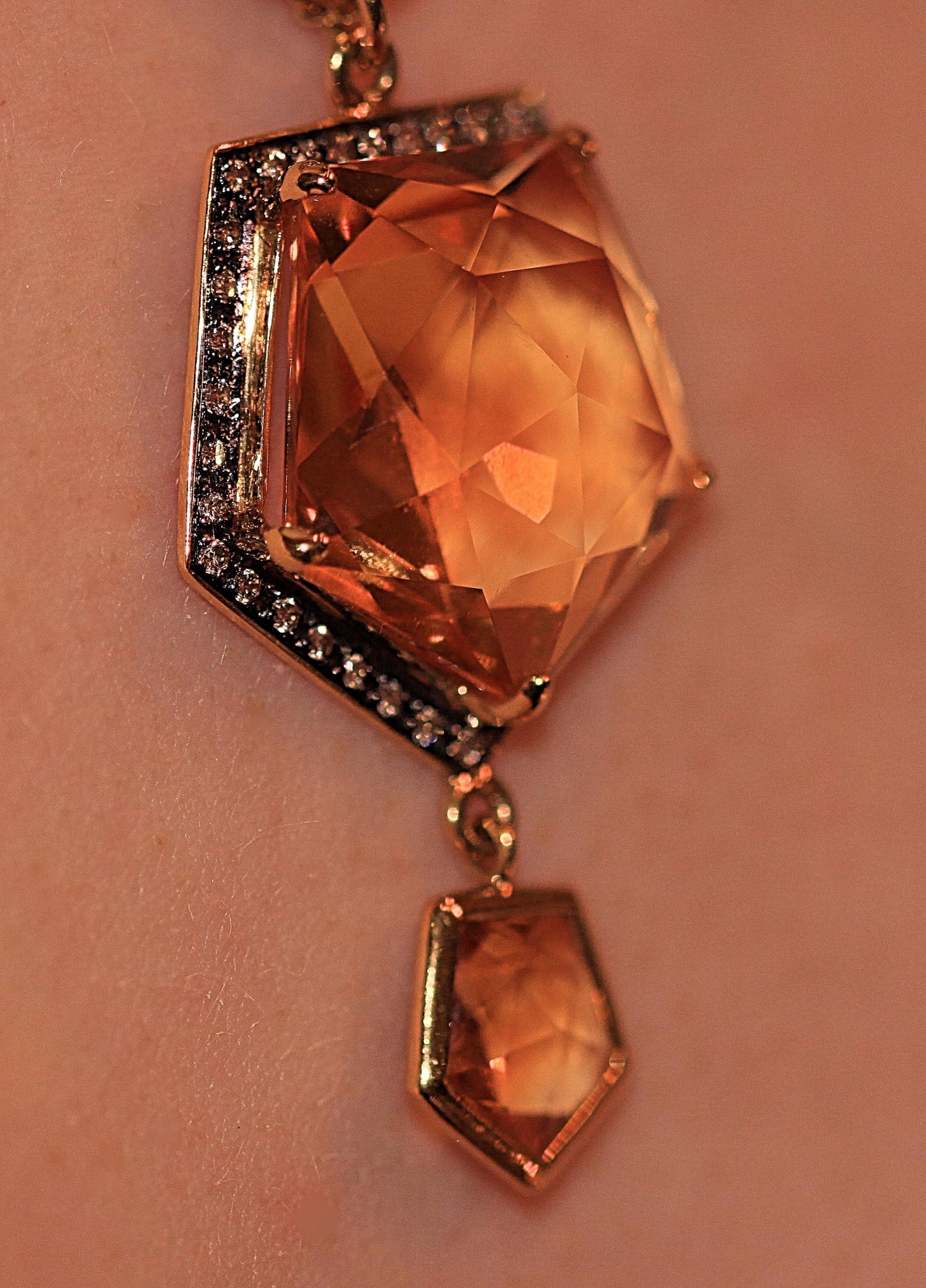 Citrine Brown Diamond 18 Karat Yellow Gold Triple Chain Pendant Necklace For Sale 4