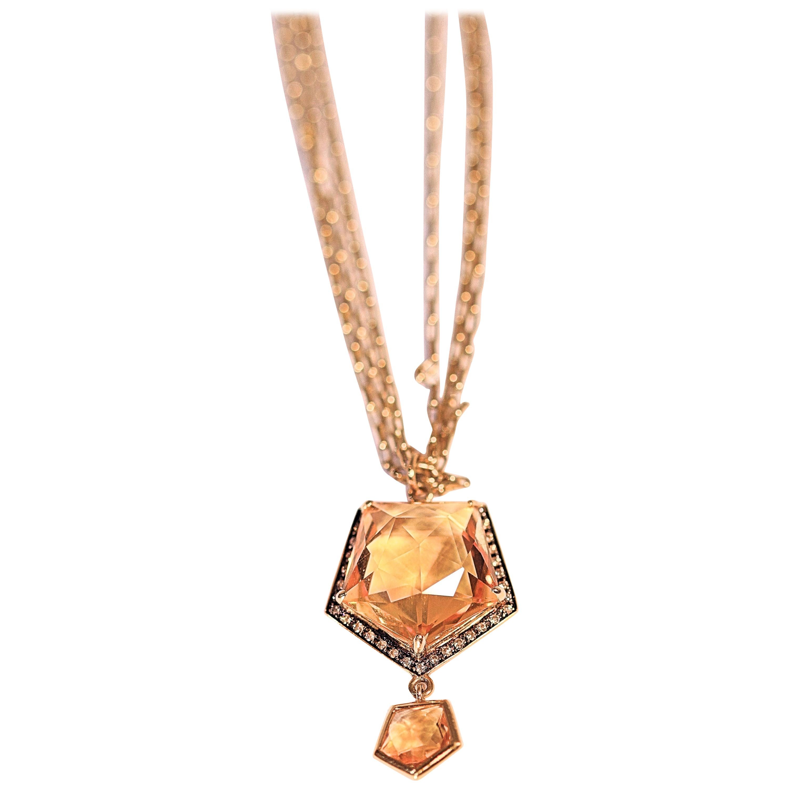 Citrine Brown Diamond 18 Karat Yellow Gold Triple Chain Pendant Necklace For Sale