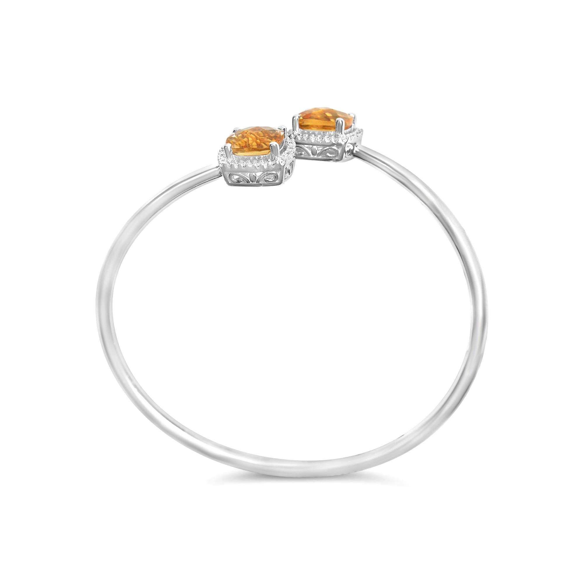 Cushion Cut Citrine Bypass Bangle Bracelet Diamond Halo Sterling Silver For Sale