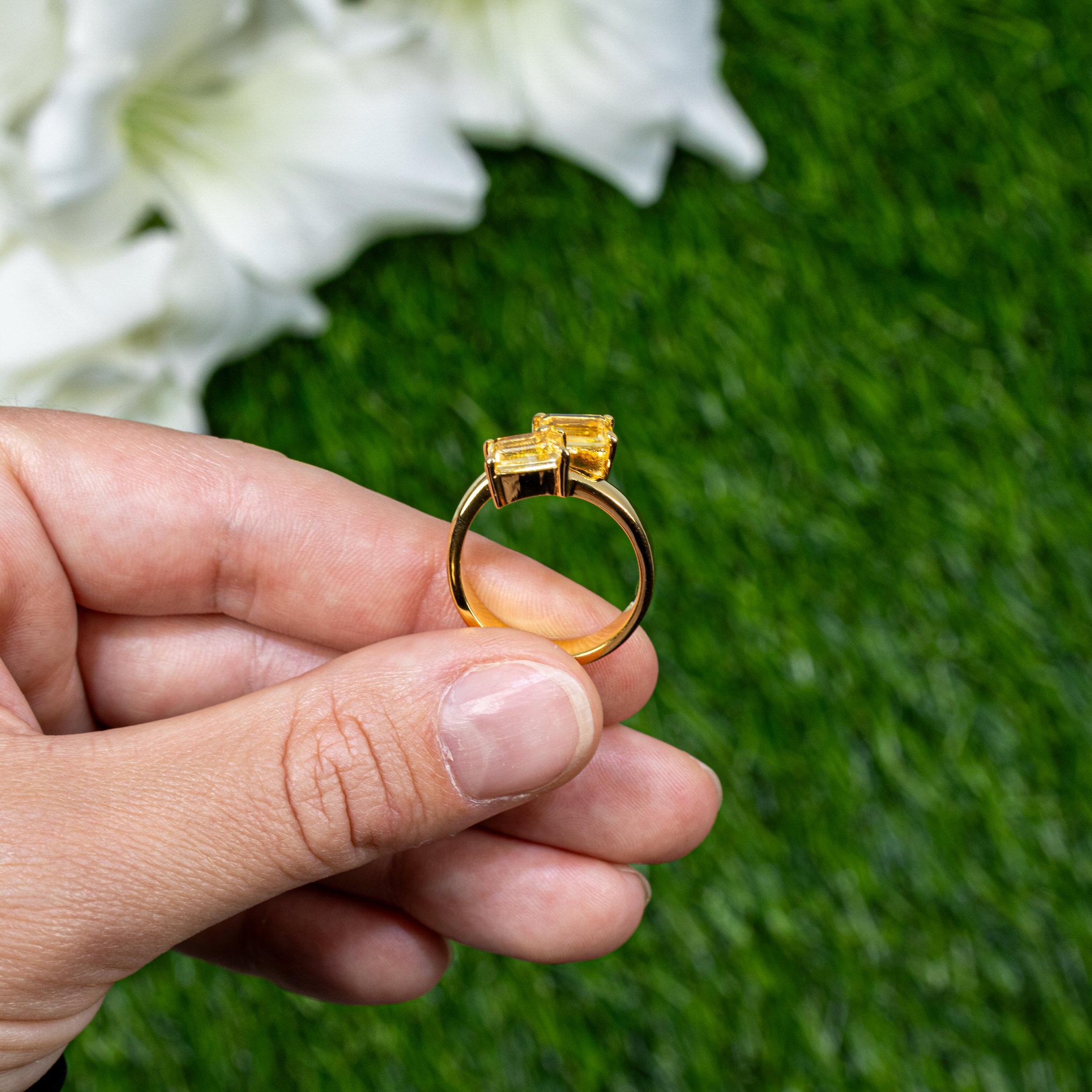 Emerald Cut Citrine Bypass Ring 1.78 Carats Total 24K Yellow Gold Plated Silver For Sale