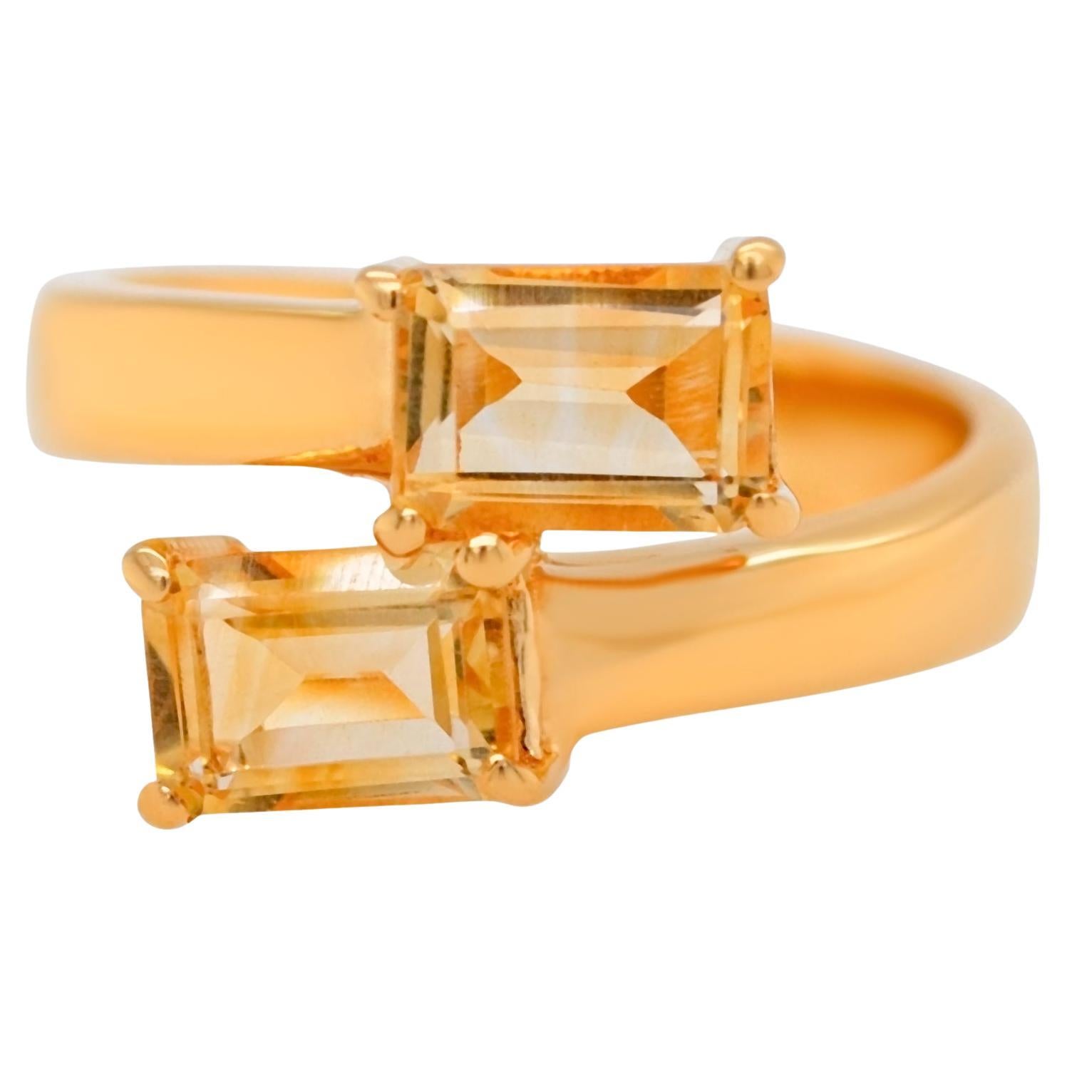 Citrine Bypass Ring 1.78 Carats Total 24K Yellow Gold Plated Silver