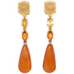 Citrine, Carnelian, Yellow Sapphire, Rhodolite Gold 18 Karat Chandelier Earrings