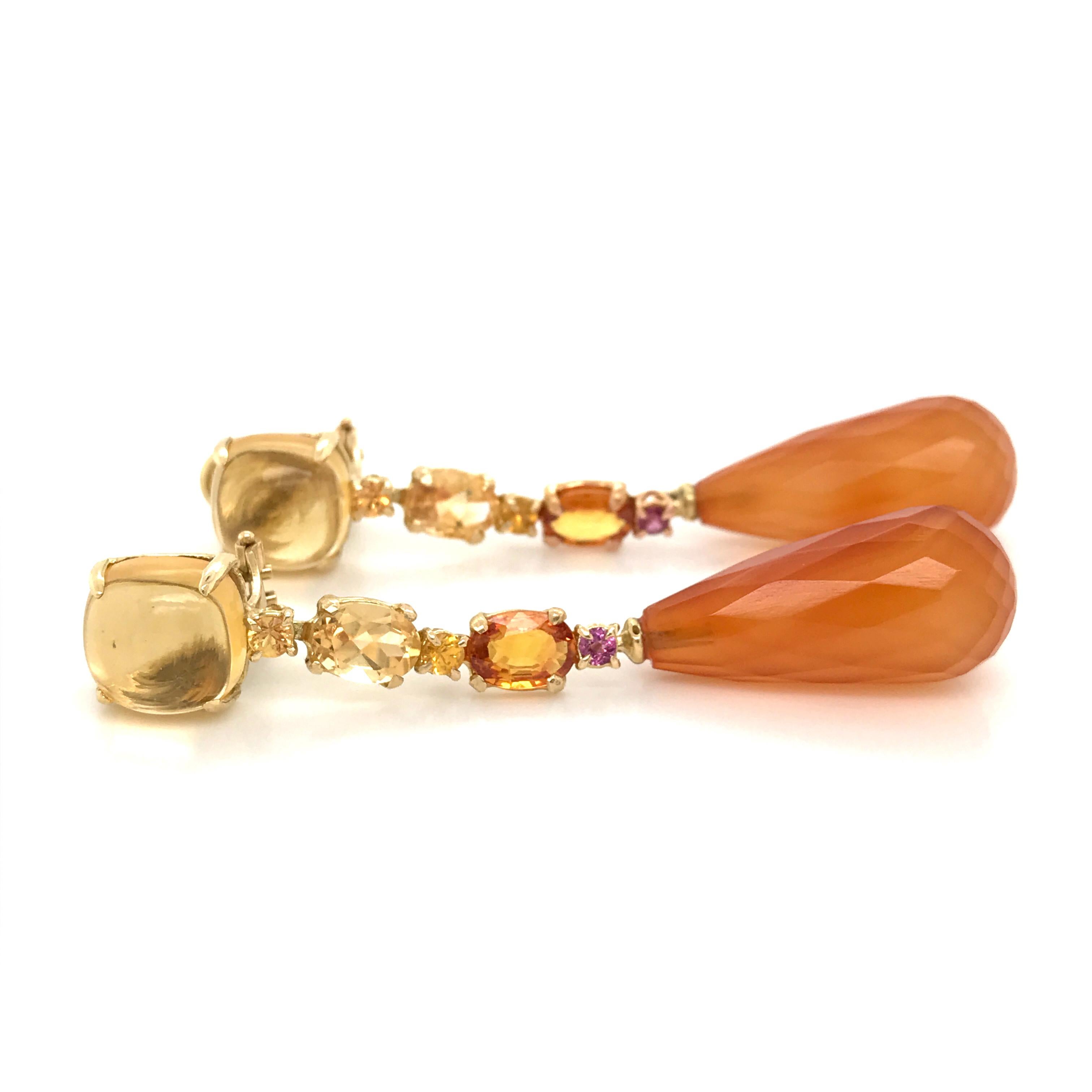 Citrine, Carnelian, Yellow Sapphire, Rhodolite Gold 18 Karat Chandelier Earrings 4