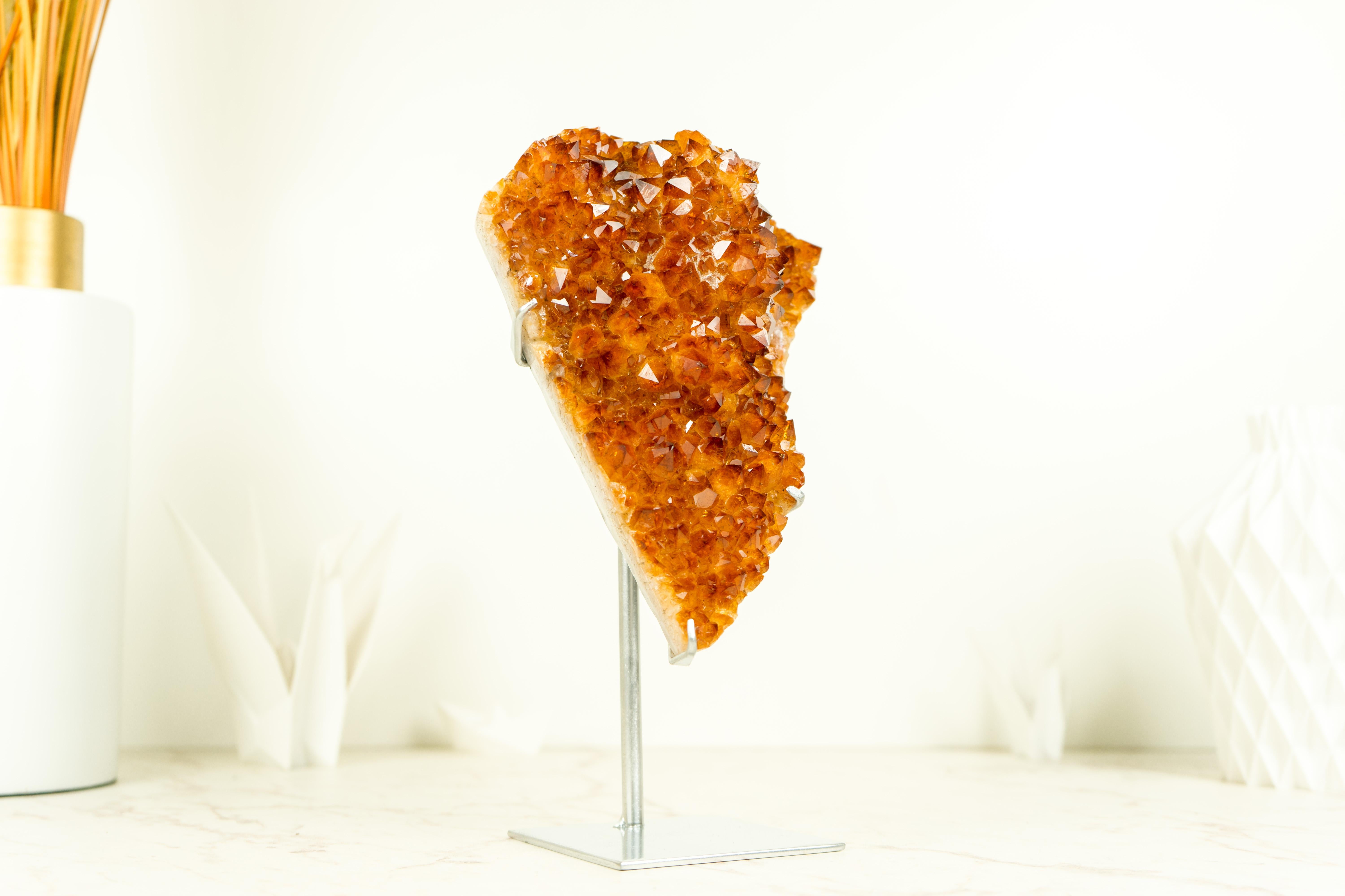 Este Racimo de Citrino de color Naranja intenso, casi Rojo, fue seleccionado a mano por su raro tono de color y su maravillosa estética. Un ejemplar único de citrino que muestra formaciones naturales de Estalactitas Florales, lo que lo convierte en