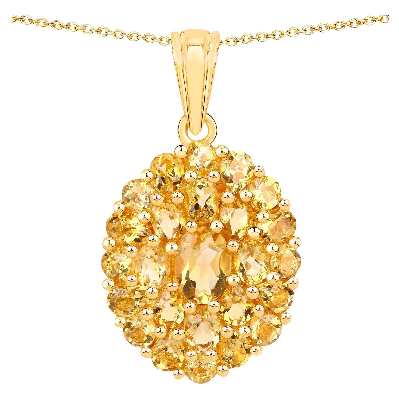 Citrine Cluster Pendant Necklace 4.15 Carats 18K Yellow Gold Plated Silver