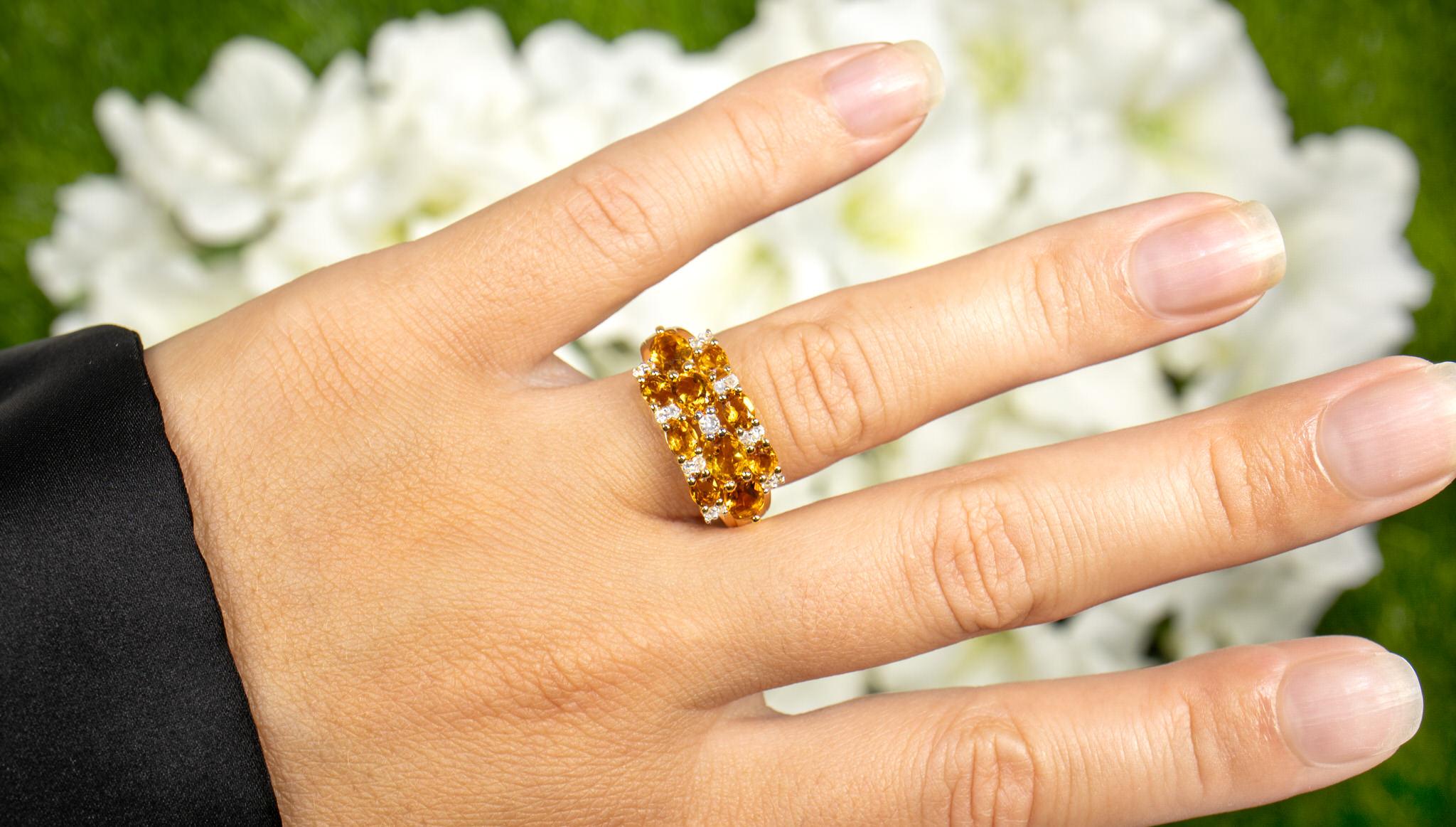Oval Cut Citrine Cluster Ring White Topaz 2.5 Carats 14K Yellow Gold Plated Silver For Sale