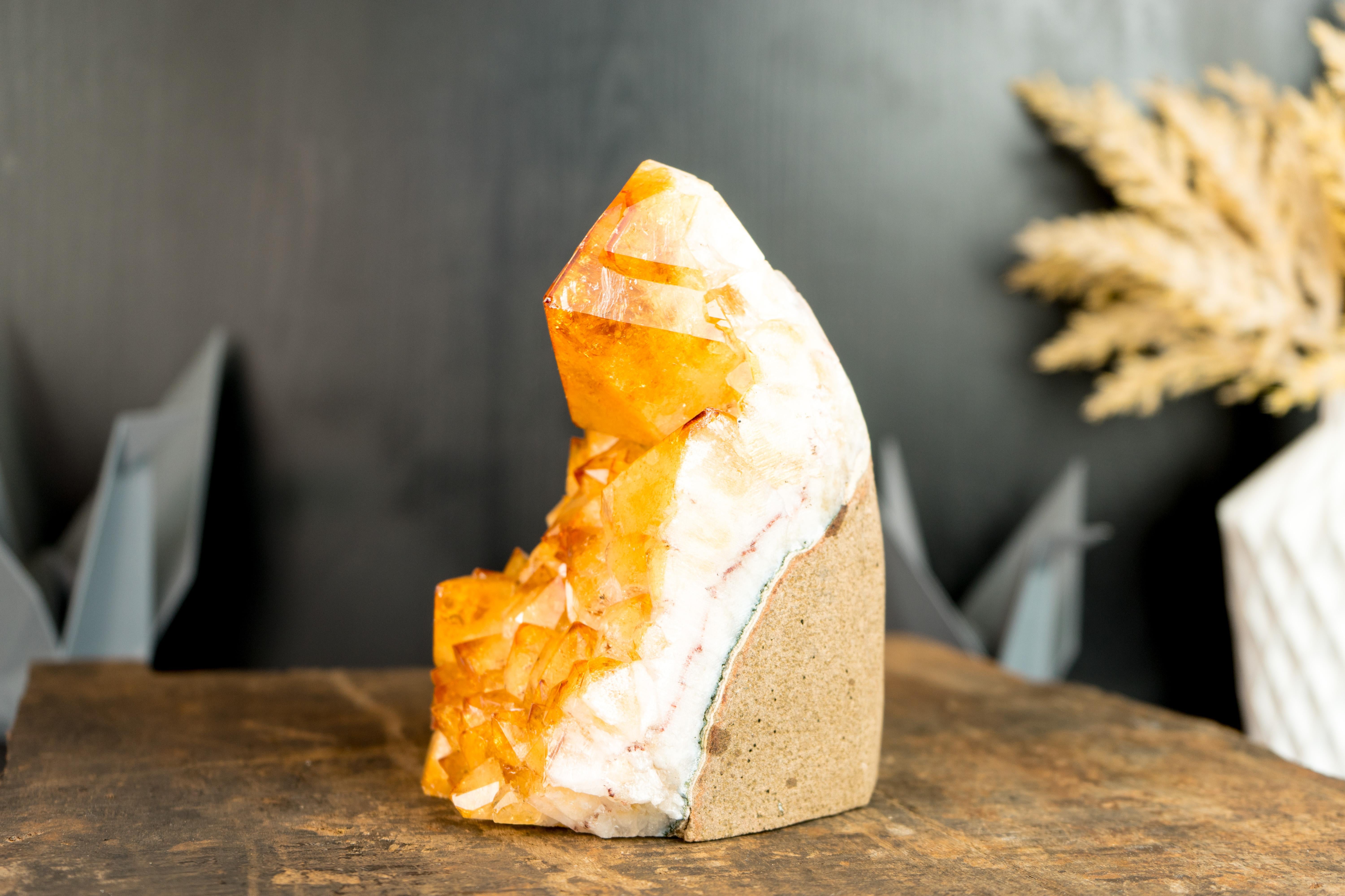 Agate Citrine Cluster with Rare Large Citrine Point, Orange Citrine Color, Intact For Sale