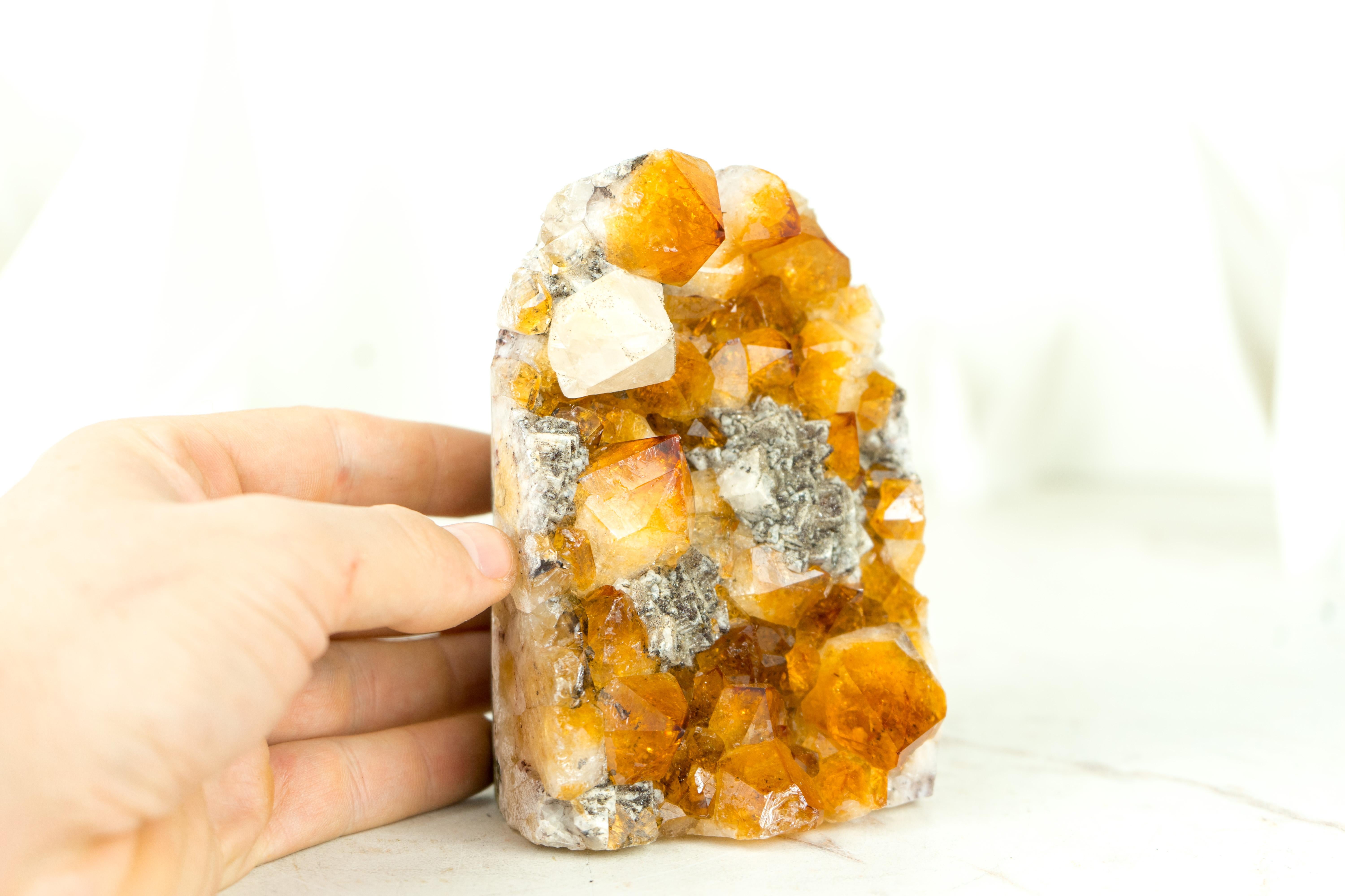 Citrine Cluster with Rich Amber Citrine Color and Geometrical Calcite Inclusions For Sale 4