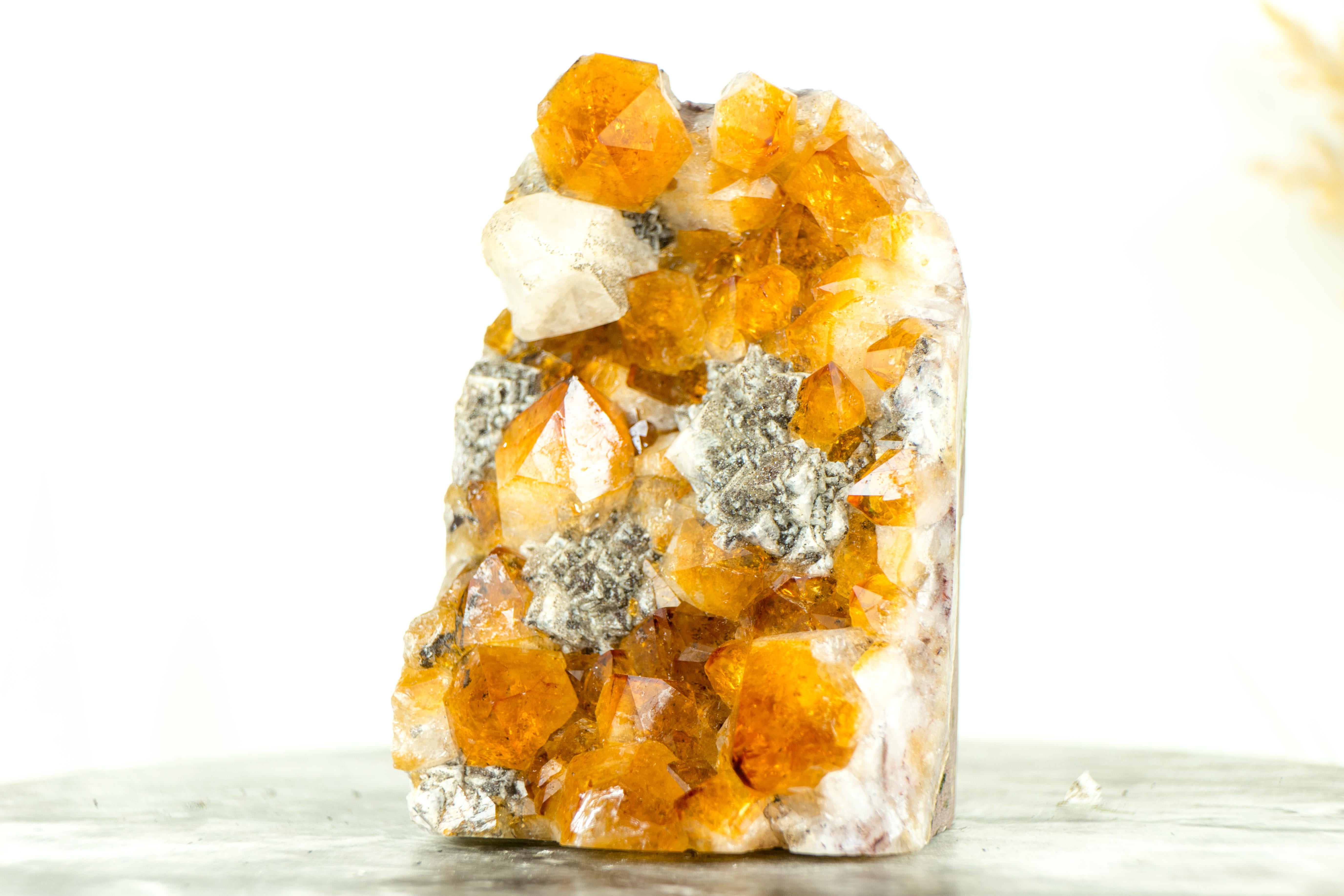 Contemporary Citrine Cluster with Rich Amber Citrine Color and Geometrical Calcite Inclusions For Sale
