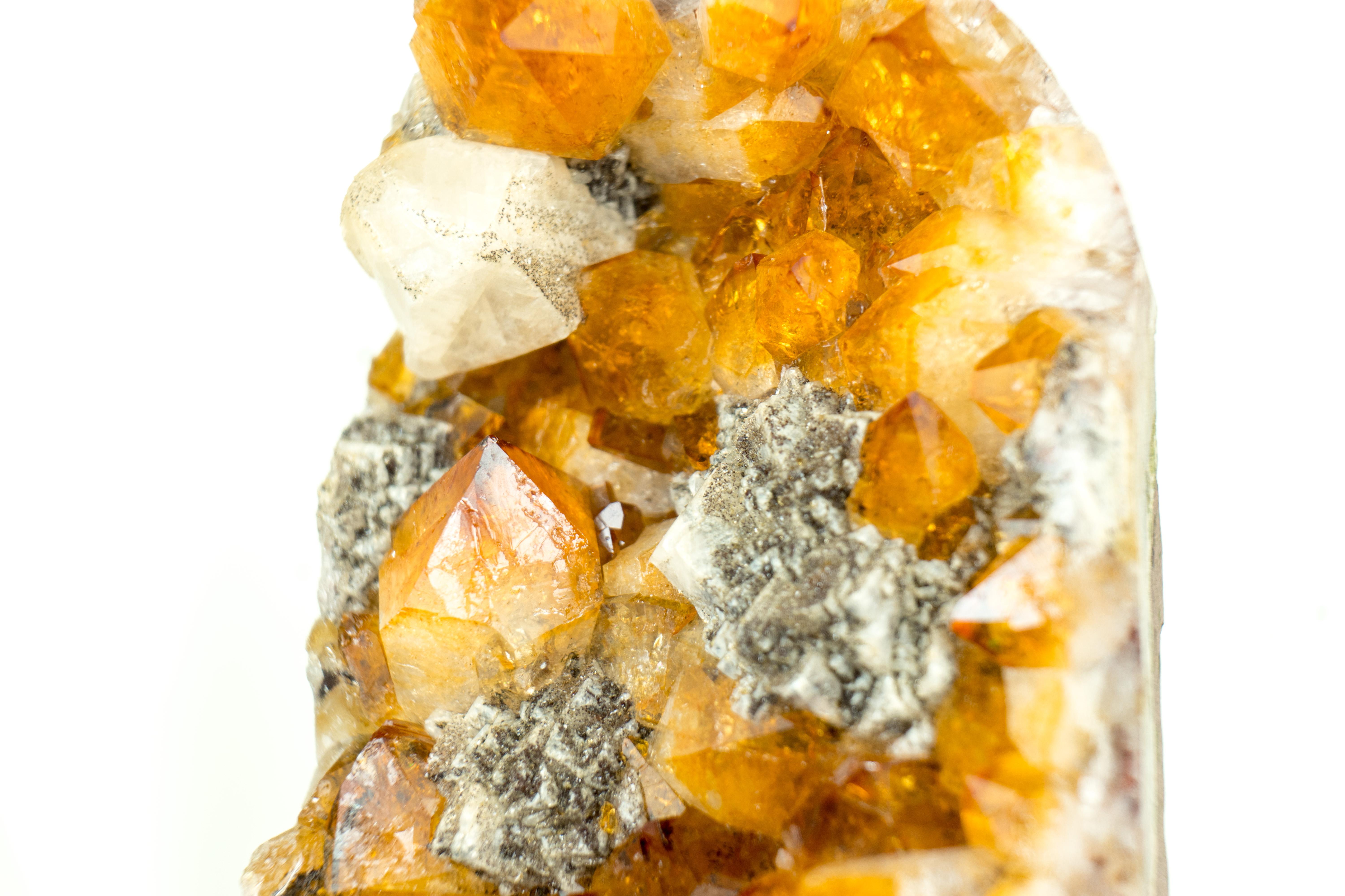 Agate Citrine Cluster with Rich Amber Citrine Color and Geometrical Calcite Inclusions For Sale